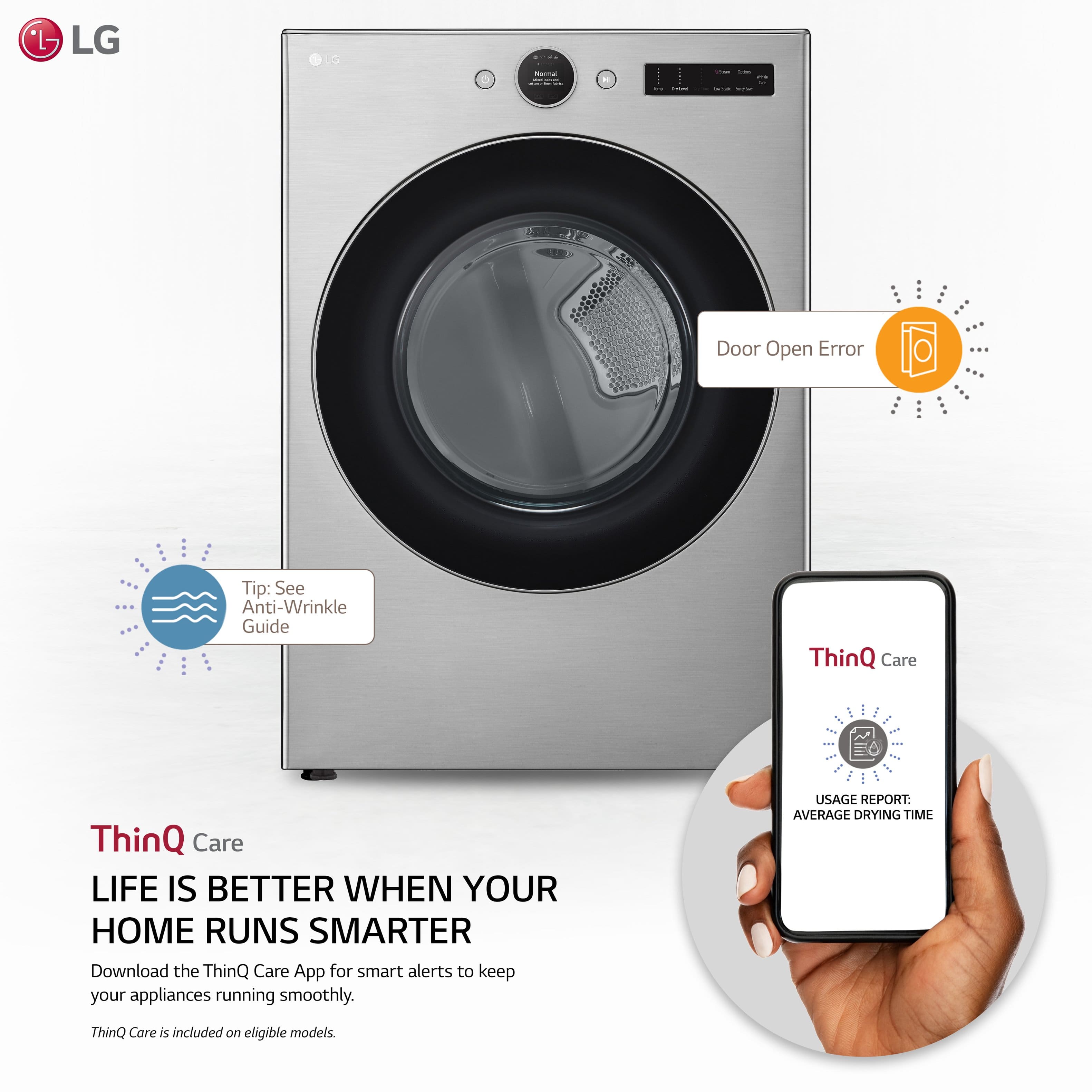 LG - ThinQ Care: Life is Better When Your Home Runs Smarter. Download the ThinQ Care App for smart alerts to keep your appliances running smoothly. Usage Report: Average Drying Time. ThinQ Care is included on eligible models.