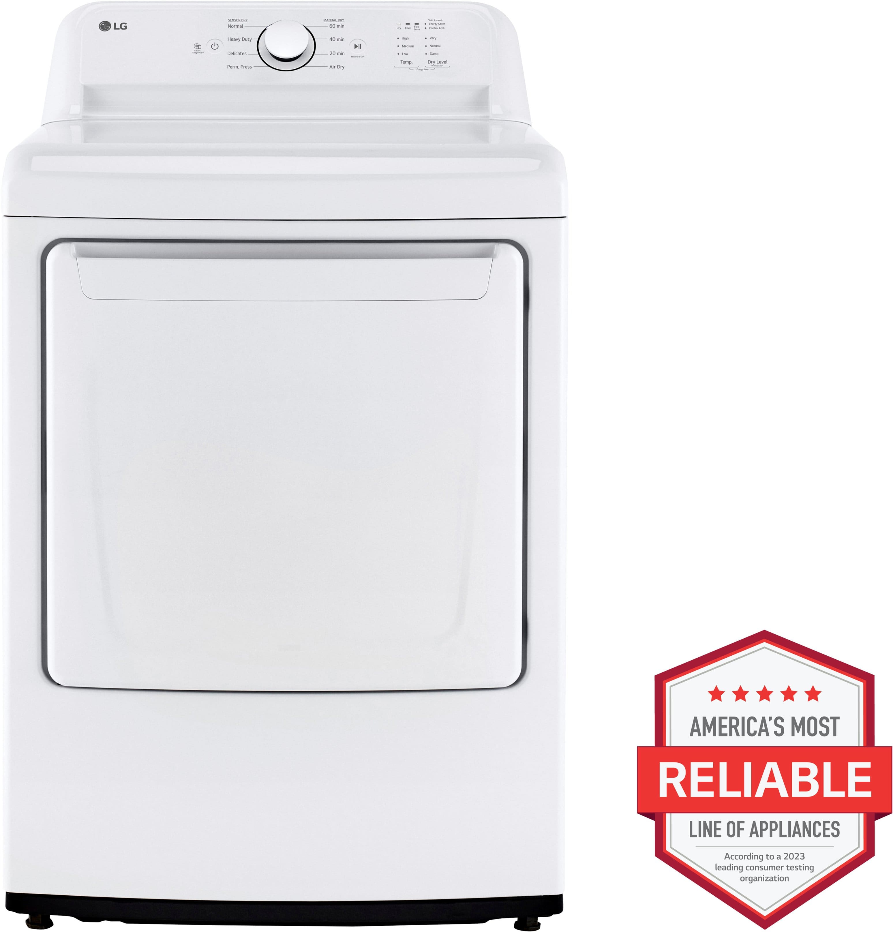 The image features a white electric dryer with a red and white sticker on it. The sticker indicates that the dryer is America's most reliable line of appliances, as rated by a leading consumer organization. The dryer has a large window, allowing for easy visibility of the contents inside.