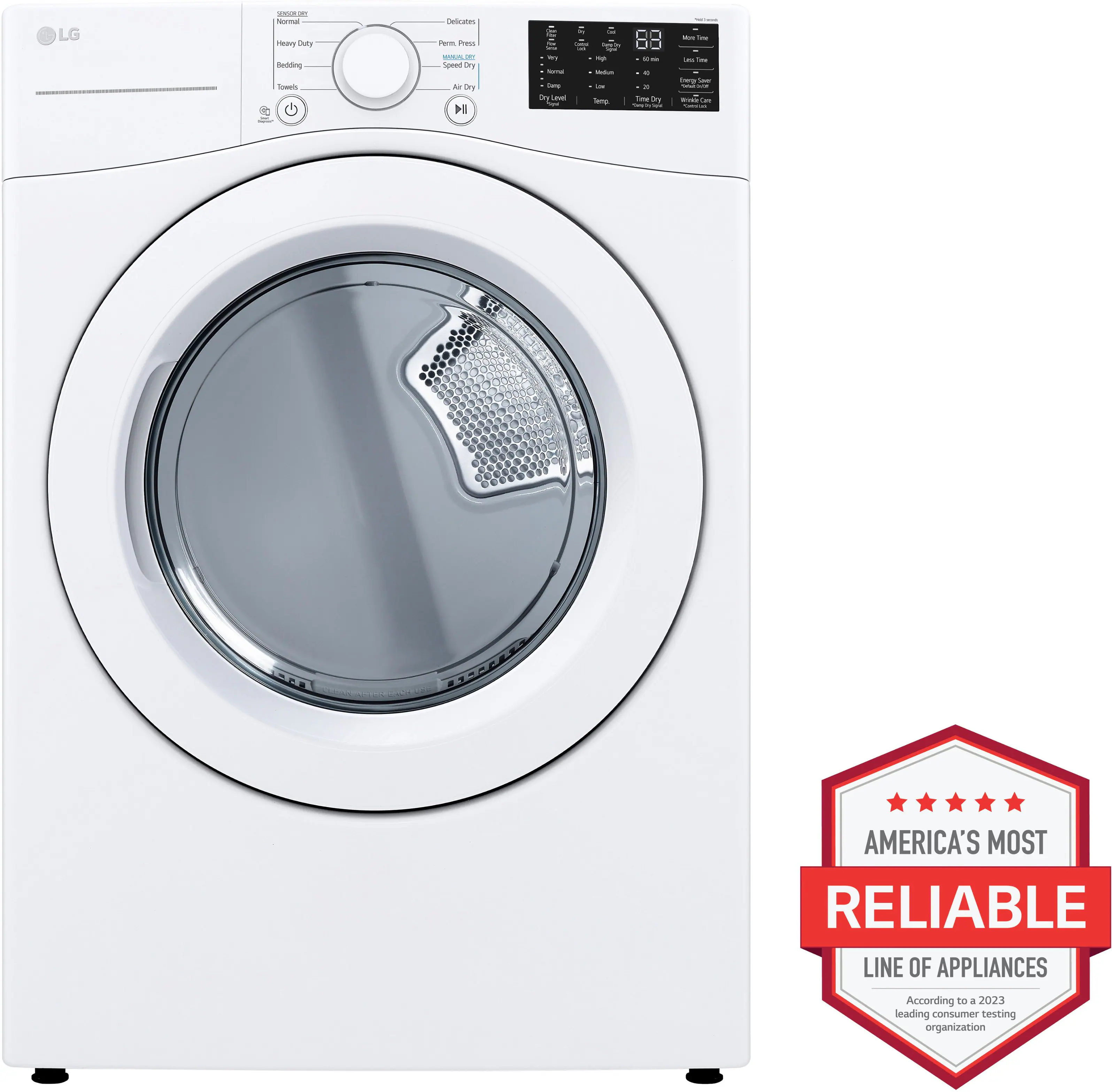 The image features a white LG washing machine with a large window on the door. The machine has a digital display and a control panel. It is an energy-efficient appliance, as indicated by the Energy Star logo. The washing machine is designed to be reliable and durable, making it a popular choice for homeowners.