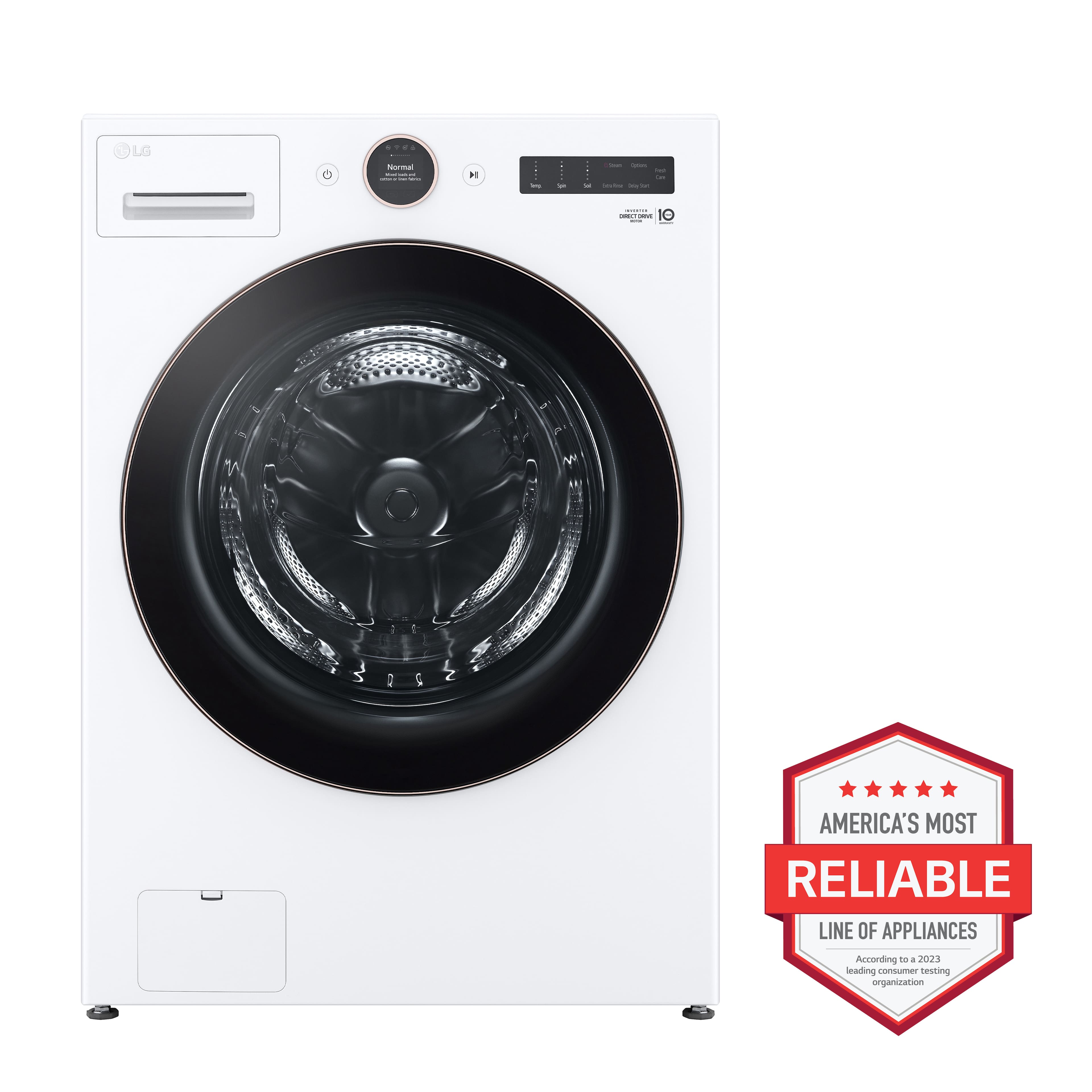 The image features a white LG electric dryer with a black door, which is a front-loading washing machine. The dryer is designed to be energy-efficient and reliable, making it a popular choice for homeowners. The dryer is displayed in a clean and organized manner, with no visible clutter or distractions. The image also includes a logo for the organization that has awarded the dryer as America's most reliable line of appliances.