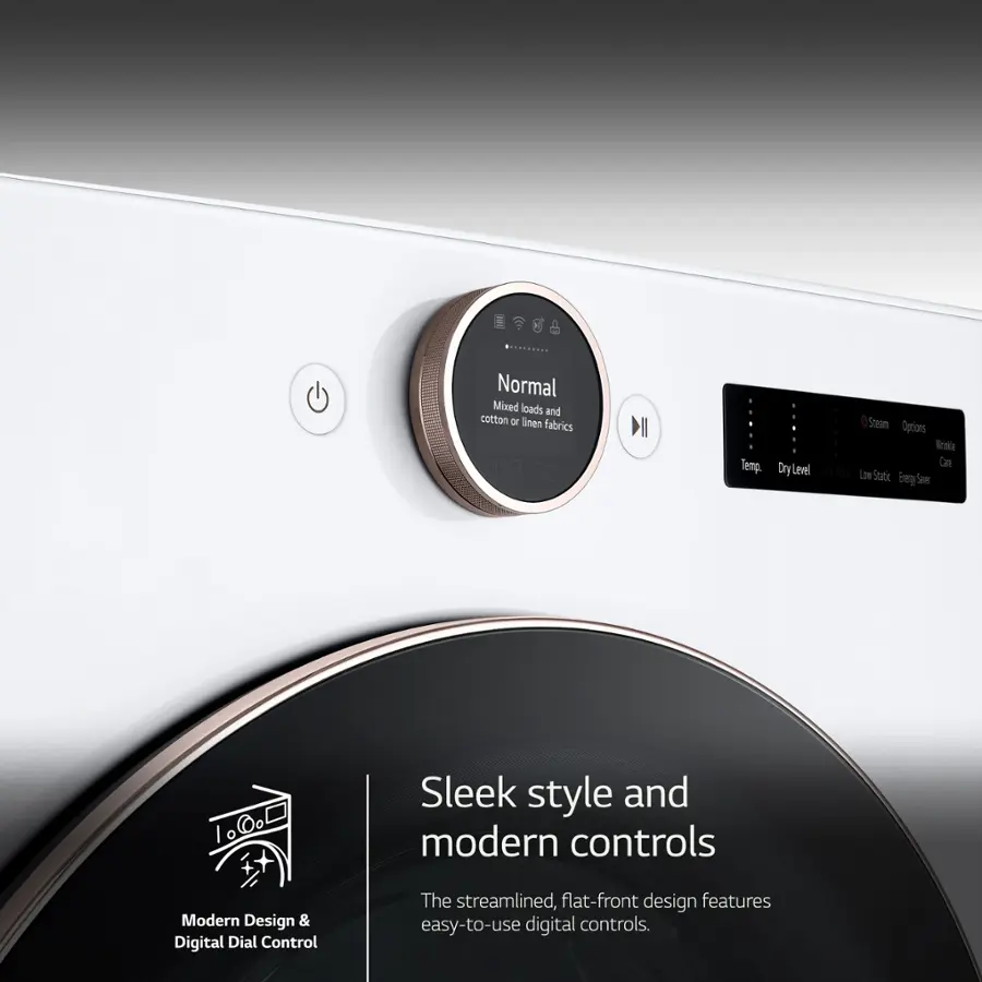 The image features a white electric dryer with a sleek design and modern controls. The dryer has a flat-front design and is equipped with digital dial controls for easy use. The dryer is suitable for mixed loads and cotton or linen fabrics, and it offers various options for temperature and drying settings. The modern design and digital controls make this dryer a convenient and stylish addition to any home.