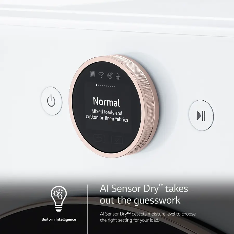 The image features a white appliance with a digital display and buttons. The display shows the word "Normal" on it, indicating that the appliance is set to dry mixed loads and cotton or linen fabrics. The appliance is equipped with built-in intelligence and an Al Sensor Dry system, which takes out the guesswork and detects moisture levels to choose the right setting for your load. The appliance is designed to provide efficient and effective drying for various types of fabrics and loads.
