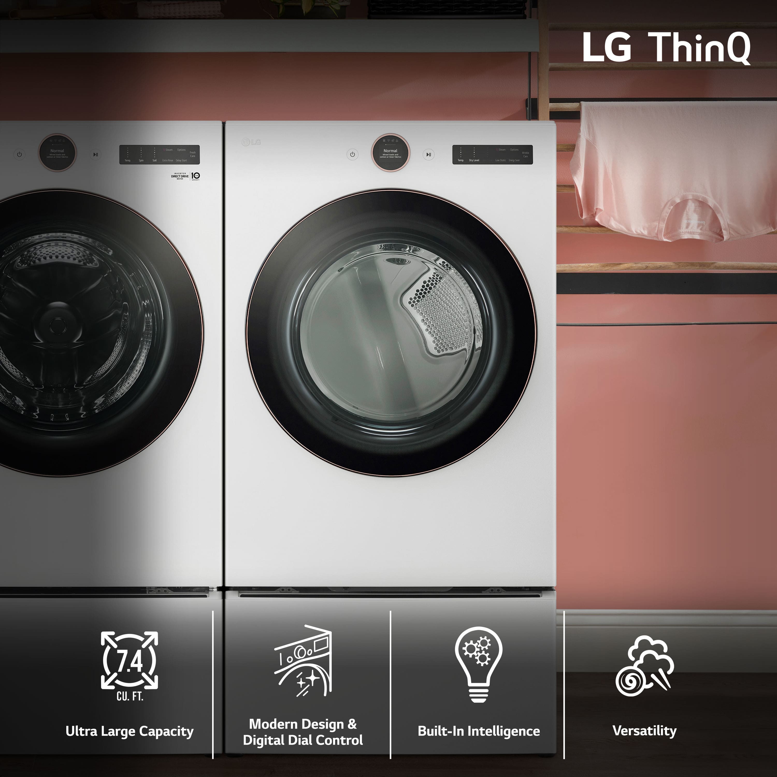 The image features two LG ThinQ electric dryers, which are white and have a modern design. They are placed next to each other, and the dryers are described as having a large capacity, digital dial control, and built-in intelligence. The dryers are also advertised as being versatile, suggesting that they can handle various types of laundry loads and tasks.