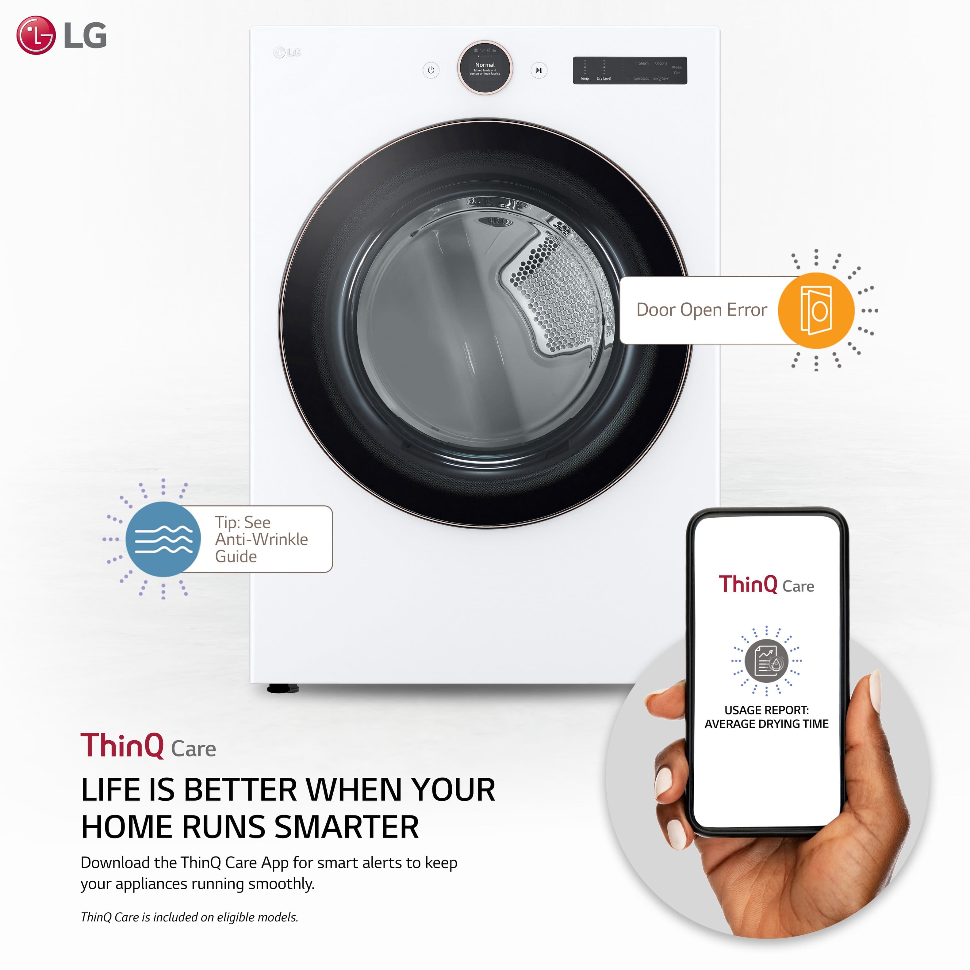 The image features a white LG electric dryer with a smartphone in front of it. The phone is displaying the ThinQ Care app, which is designed to help users keep their appliances running smoothly. The app provides smart alerts and usage reports, such as average drying time, to ensure that the dryer operates efficiently and effectively. The ThinQ Care app is included on eligible models, making it a convenient and useful tool for users to manage their home appliances.