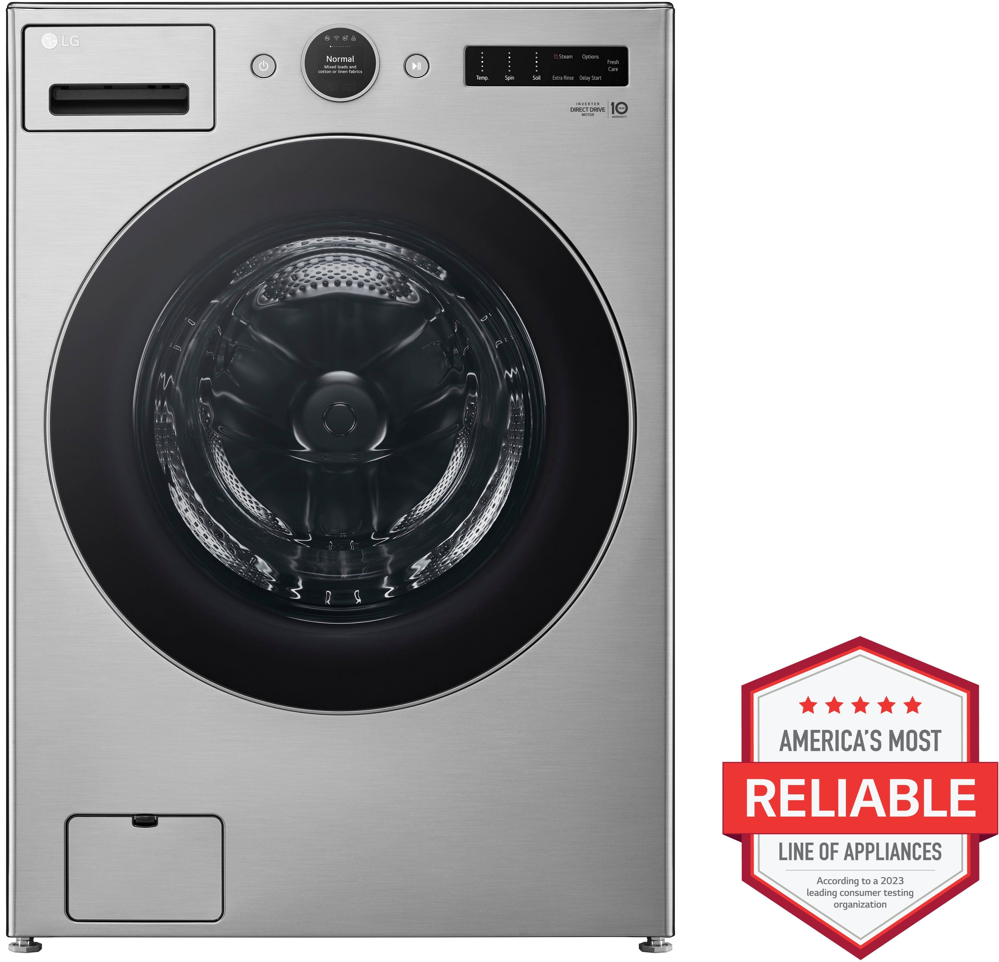 The image features a large stainless steel washing machine, which is a part of LG's line of appliances. The machine is designed with a large drum and a door, making it a reliable and efficient appliance. The washing machine is also recognized as America's most reliable line of appliances, as it has been awarded the 2023 Good Housekeeping Seal.