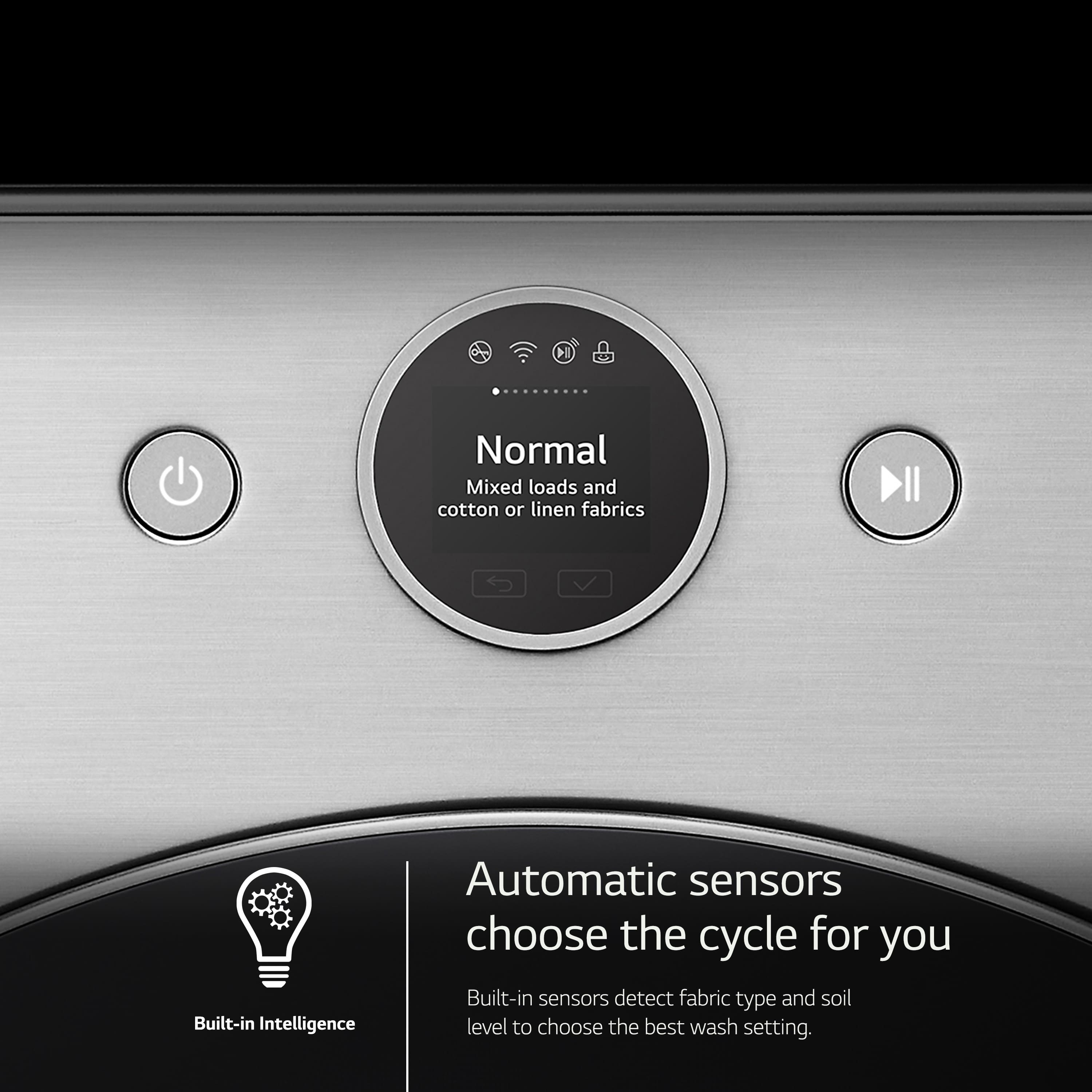 The image features a washing machine with a digital display that shows the word "Normal" on it. The machine is designed to handle mixed loads and cotton or linen fabrics, and it uses built-in intelligence to automatically select the appropriate cycle for the user. The machine also has built-in sensors that detect fabric type and soil level, allowing it to choose the best wash setting for the user.
