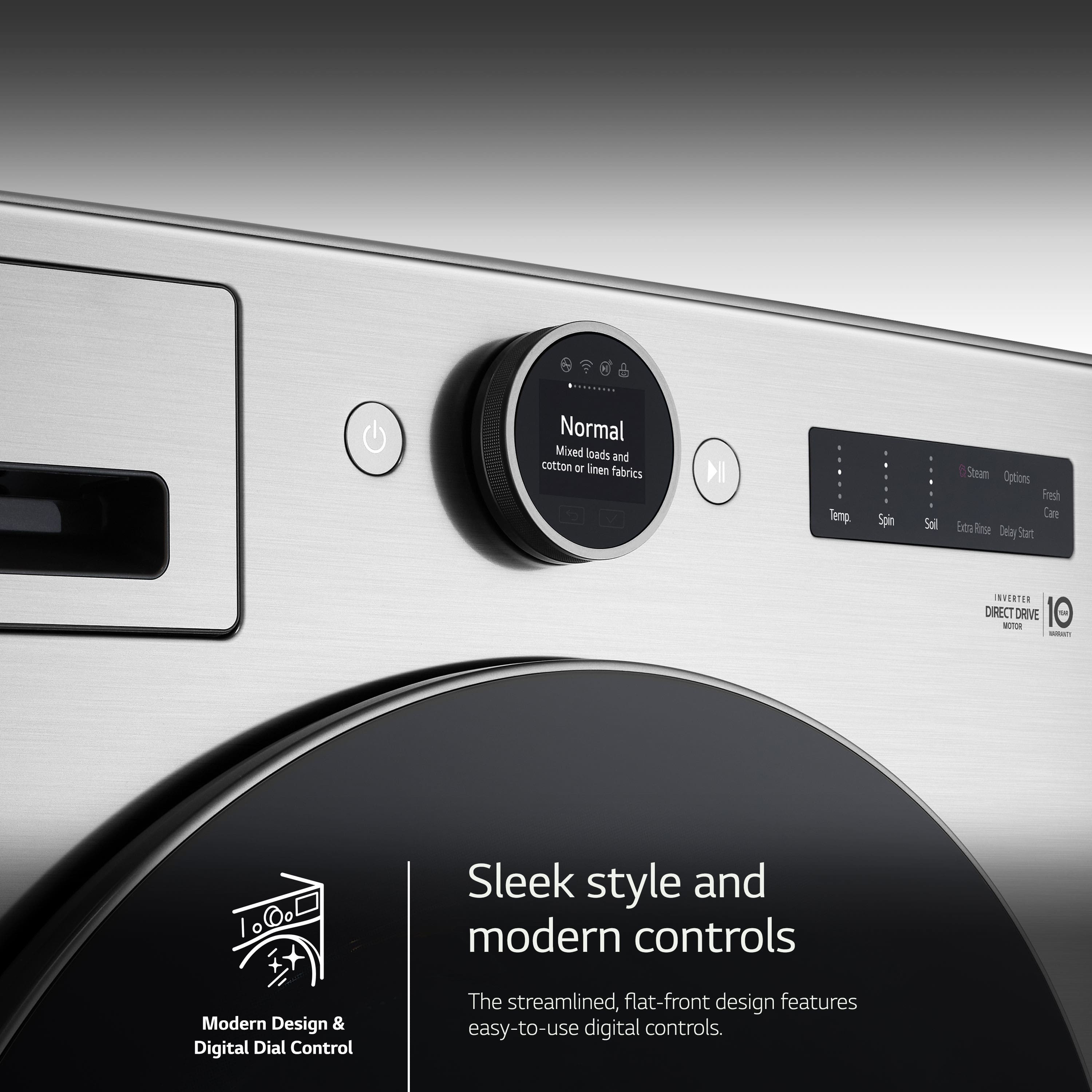 The image showcases a modern washing machine with a sleek design and digital dial controls. The machine is equipped with various features such as Normal, Mixed loads, and cotton or linen fabrics. It also has a spin cycle, soil sensing, steam cleaning, and fresh care options. The machine has a temperature control and a delay start feature, making it convenient and user-friendly. The design of the washing machine is streamlined and flat-front, giving it a contemporary and stylish appearance.