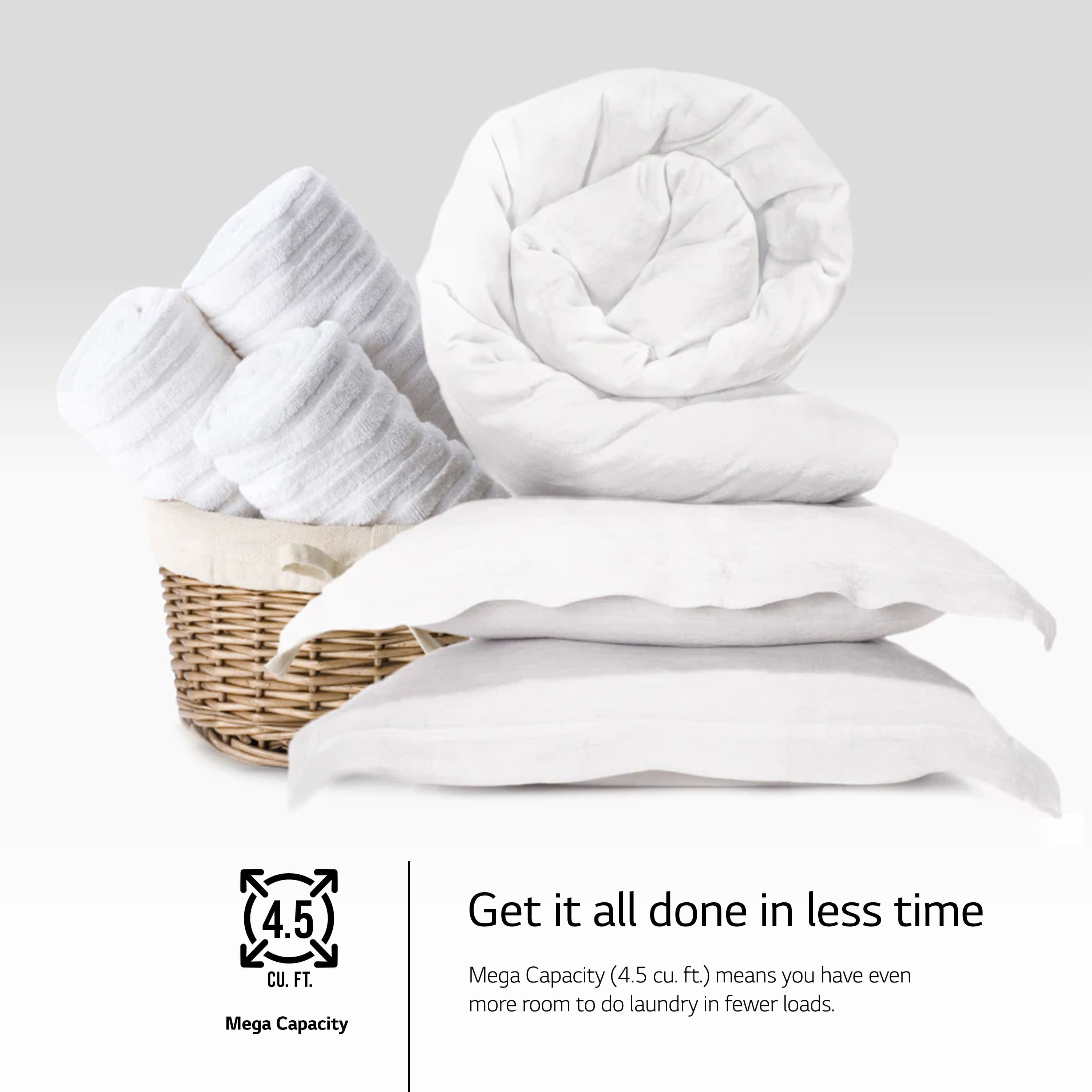 The image features a stack of white towels and pillows, with a basket of towels placed on top. The towels are neatly folded and stacked, creating an appealing display. The advertisement suggests that the mega capacity of the towels and pillows allows for more room to do laundry in fewer loads, making it more convenient and efficient.
