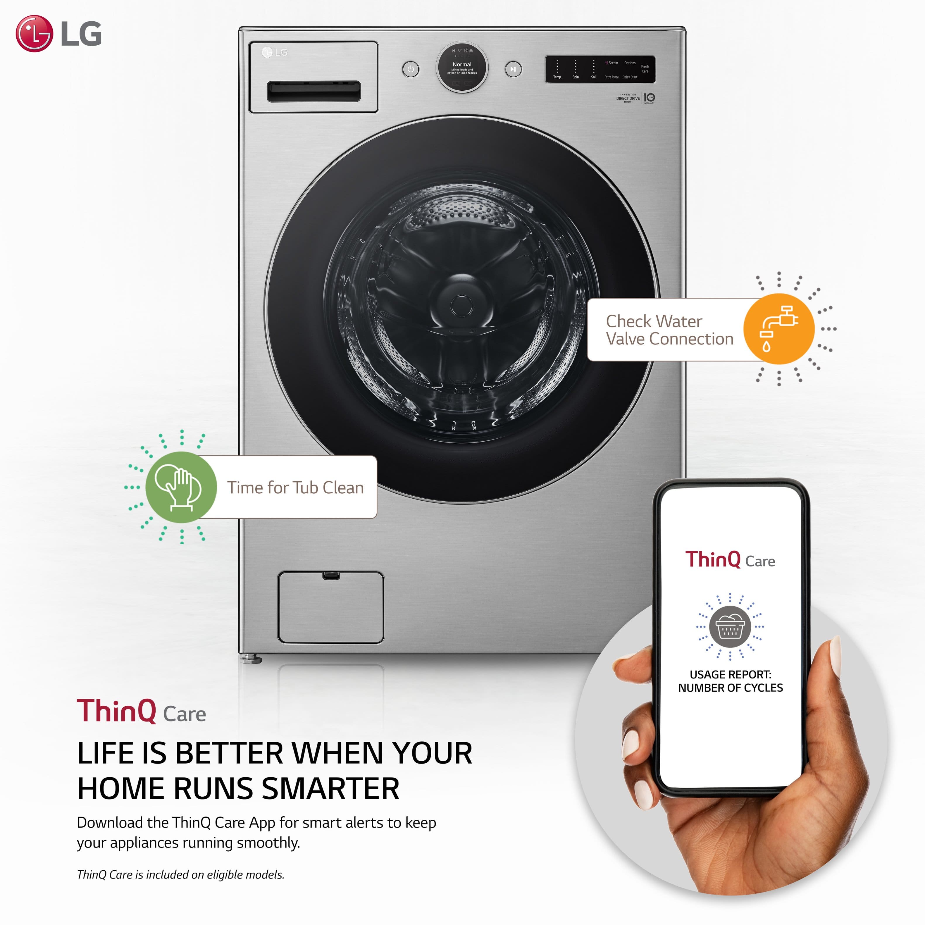 The image features a large LG washing machine with a smartphone in front of it. The smartphone is displaying a ThinQ Care app, which is designed to help users monitor and maintain their appliances. The app provides smart alerts and usage reports to ensure that the appliances run efficiently and smoothly. The app is available for download on eligible LG models.