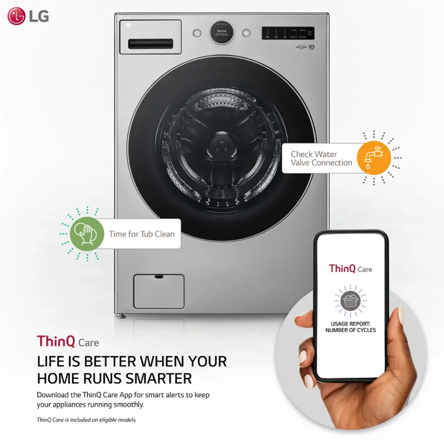 The image features a large LG washing machine with a smartphone in front of it. The smartphone is displaying a ThinQ Care app, which is designed to help users monitor and maintain their appliances. The app provides smart alerts and usage reports to ensure that the appliances run efficiently and smoothly. The app is available for download on eligible LG models.