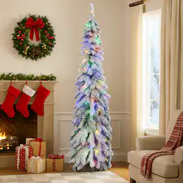 BreeBe - Pre-Lit Pencil Christmas Tree 4FT/5FT/6FT Snowy Slim Design - White