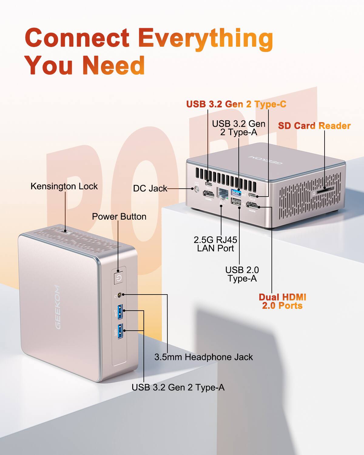 Connect Everything You Need USB 3.2 Gen 2 Type-C USB 3.2 Gen 2 Type-A SD Card Reader Kensington Lock DC Jack Power Button 2.5G RJ45 LAN Port USB 2.0 Type-A Dual HDMI GEEKOM 2.0 Ports 3.5mm Headphone Jack USB 3.2 Gen 2 Type-A