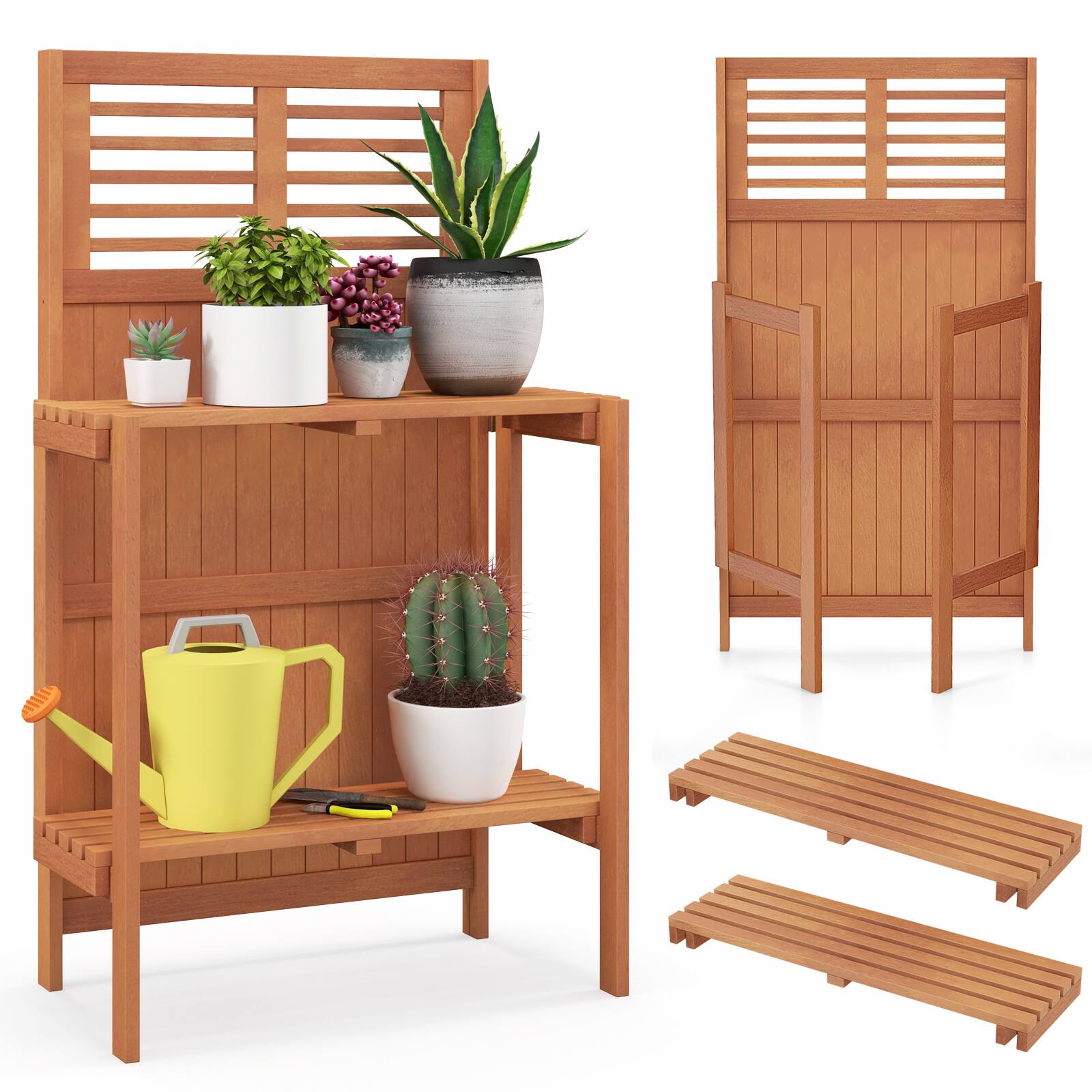 Back. SlickBlue - Teak Oil Finished Folding Potting Bench with 2 Tier Storage for Garden Yard - Natural.