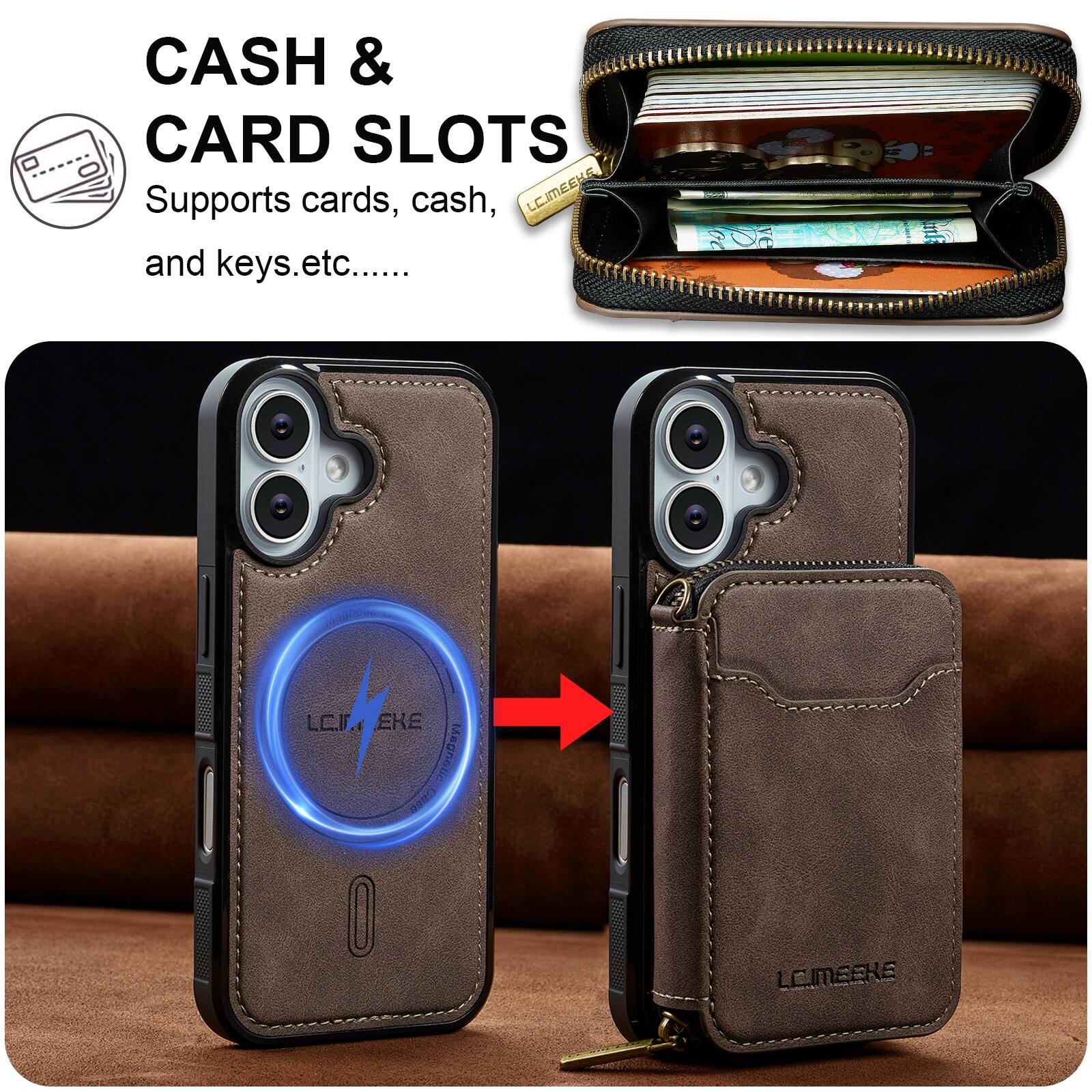 CASH & CARD SLOTS  
Supports cards, cash, and keys etc.....  

LCIMEEKE  
Magno on CHE O LOIMEEKE