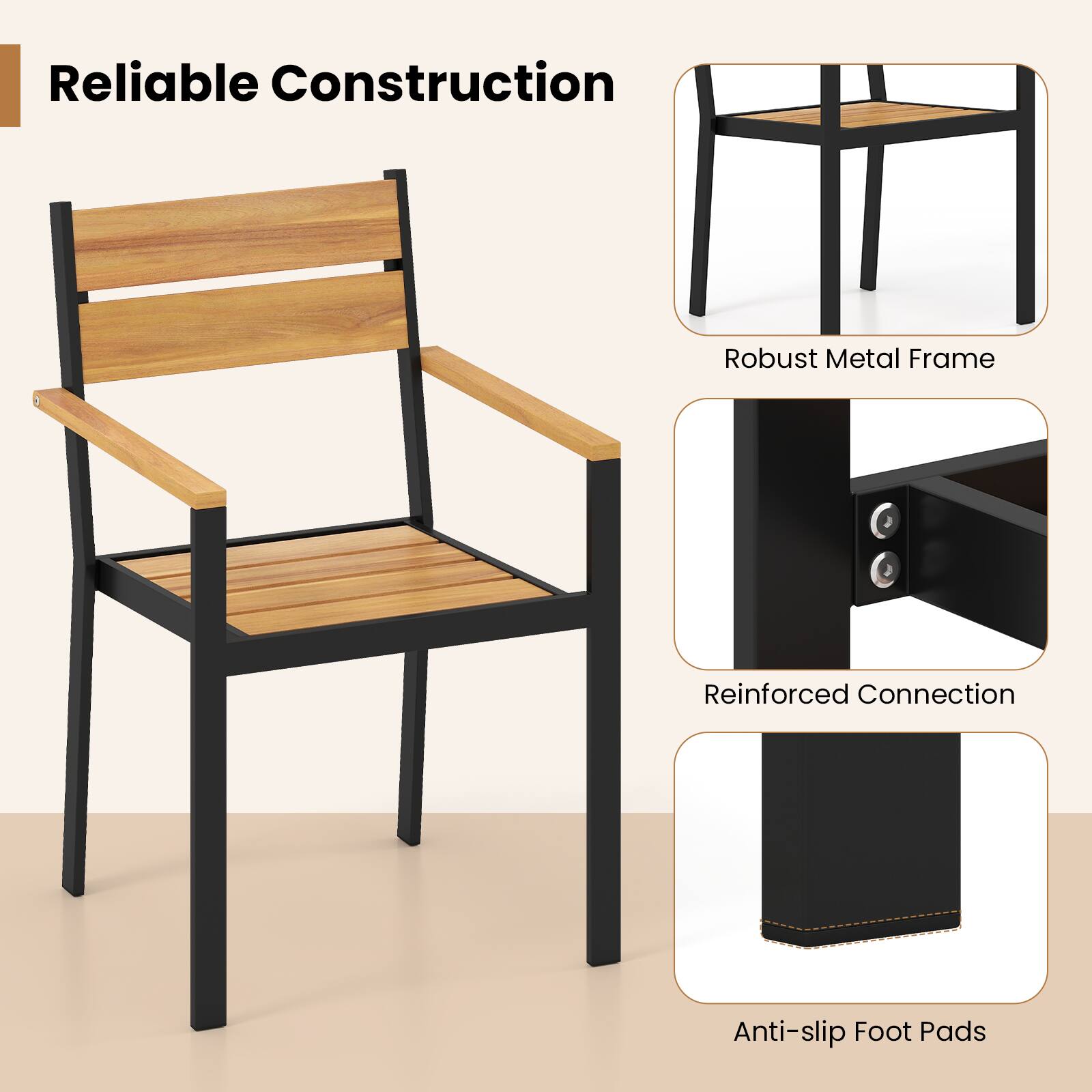 Costway Patio Dining Chair set of 4 with Heavy duty Metal Frame Armrest ...