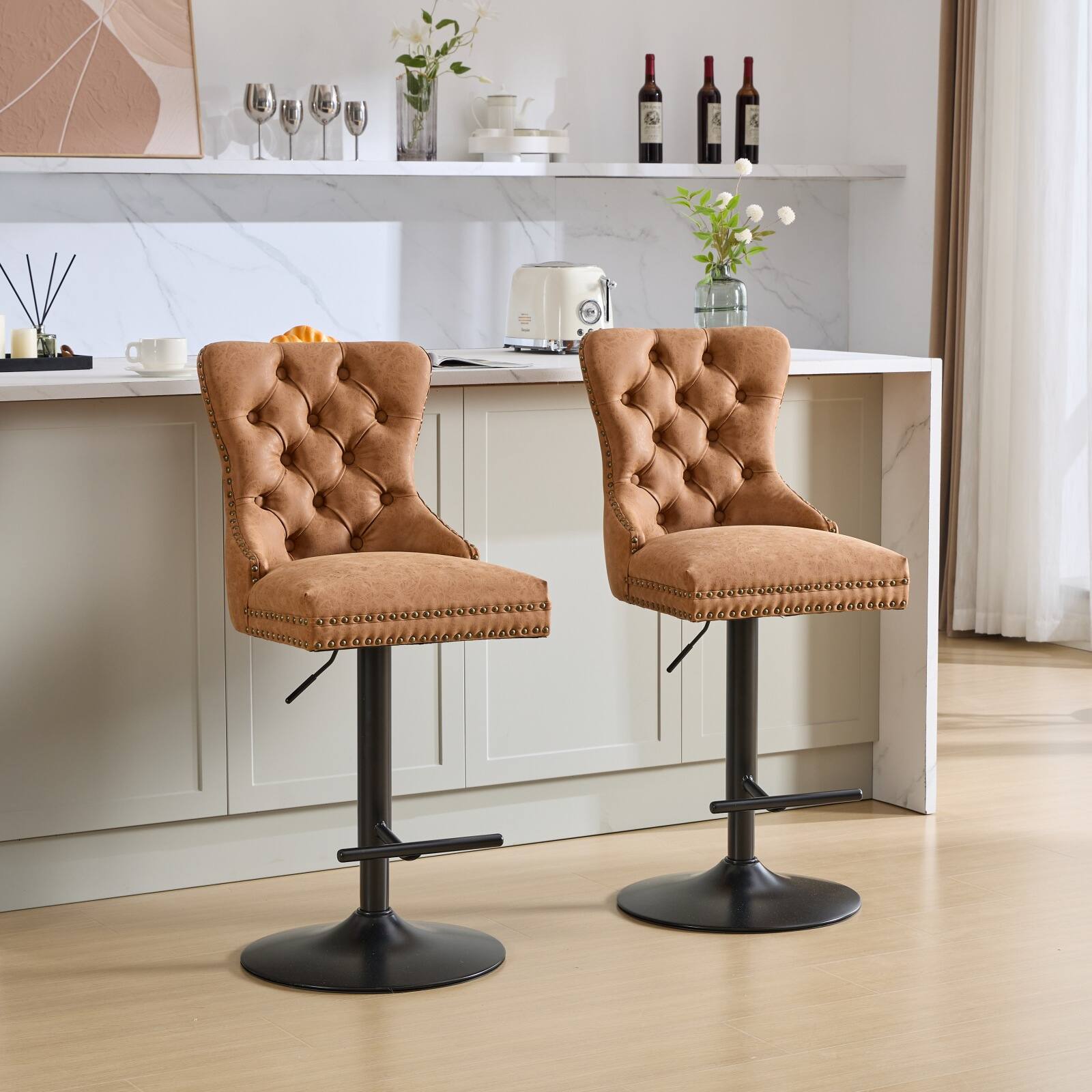 Alt View 2. PexFix - Modern Retro Bar Stools with Backs, Set of 2, Comfortable Tufted Leather, Adjustable Swivel for Home Pub - Orange.