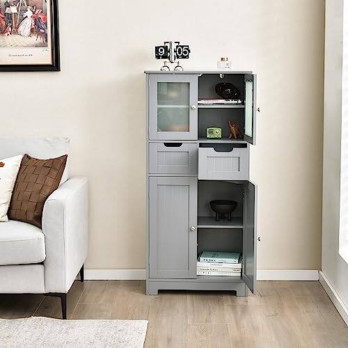 Alt View 5. Ecooso - 4 Door Freestanding Bathroom Floor Storage Cabinet with 2 Drawers and Glass Doors - Gray.
