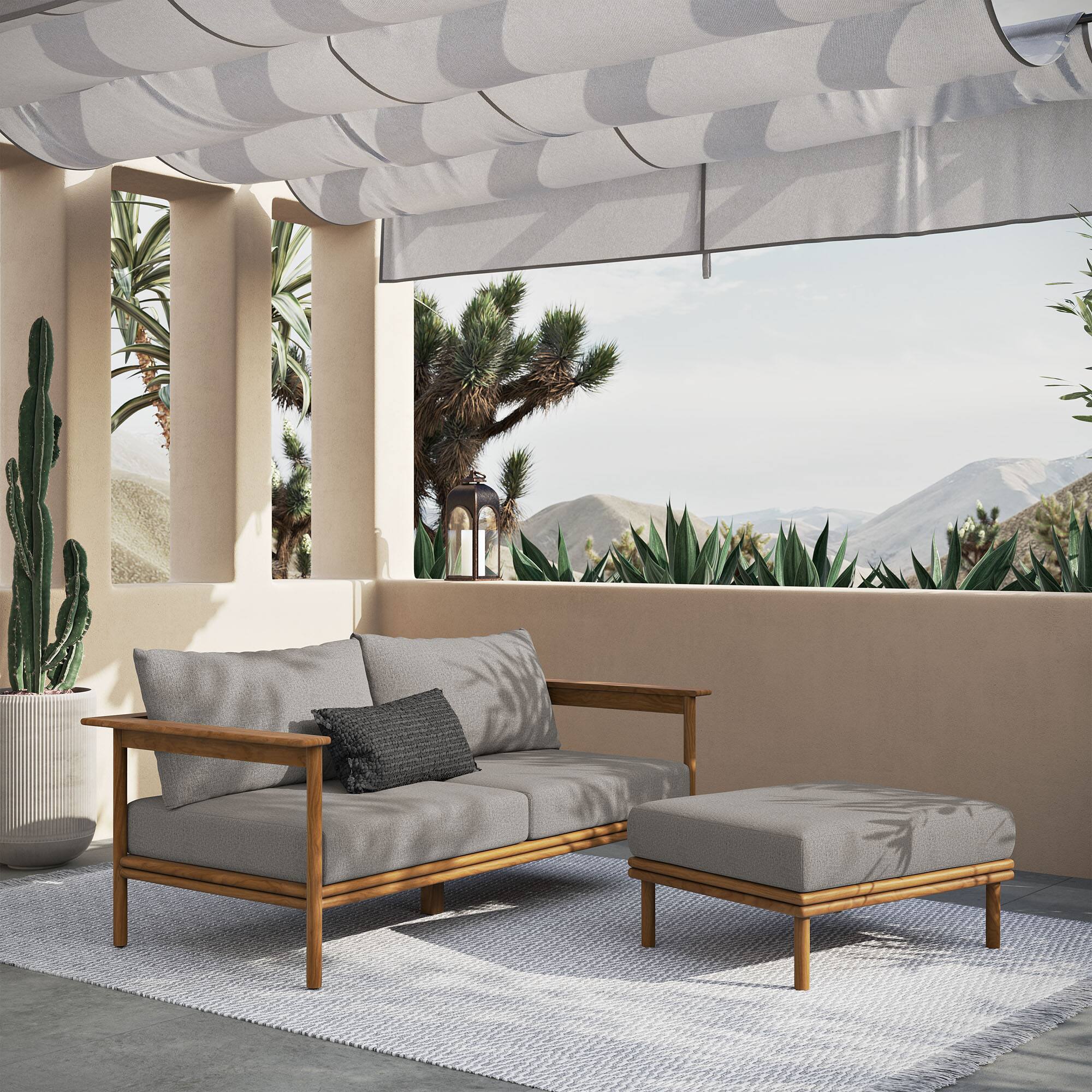 Alt View 3. Modway - Wren 2-Piece Outdoor Teak Wood Sofa and Ottoman Set - Natural Driftwood.
