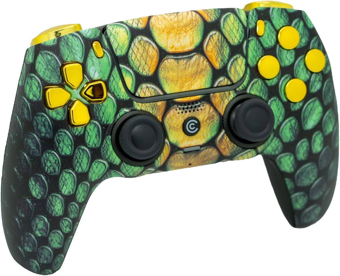 Left. Custom Controllerzz - Custom Wireless Controller for PS5 - Viper Grid & Gold Chrome Inserts.