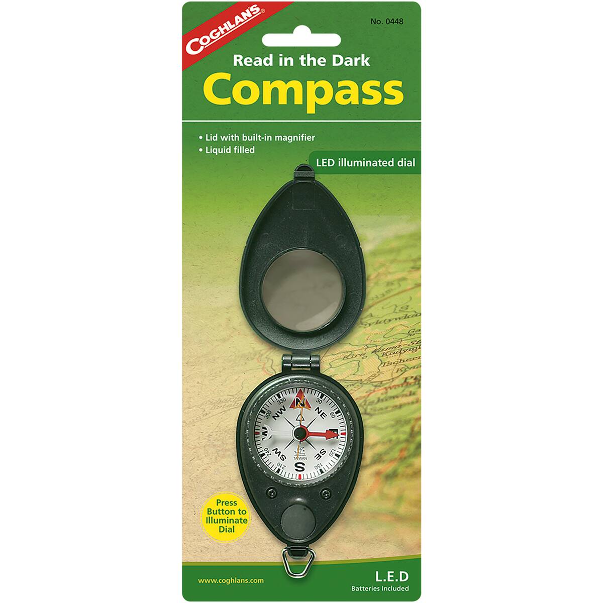 No. 0448 COGHLANS Read in the Dark Compass  
Lid with built-in magnifier  
Liquid filled  
LED illuminated dial  
Press Button to Illuminate Dial  
L.E.D Batteries Included  
www.coghlans.com