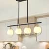 Front. RYHNUYNE - 4-Light Dining Room Light Fixture,Gold Kitchen Island Lighting with Milk Glass Shade, Linear Chandeliers for Kitchen Din - Black.