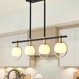RYHNUYNE - 4-Light Dining Room Light Fixture,Gold Kitchen Island Lighting with Milk Glass Shade, Linear Chandeliers for Kitchen Din - Black