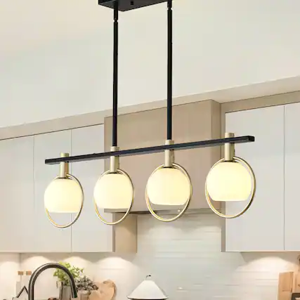 Front. RYHNUYNE - 4-Light Dining Room Light Fixture,Gold Kitchen Island Lighting with Milk Glass Shade, Linear Chandeliers for Kitchen Din - Black.