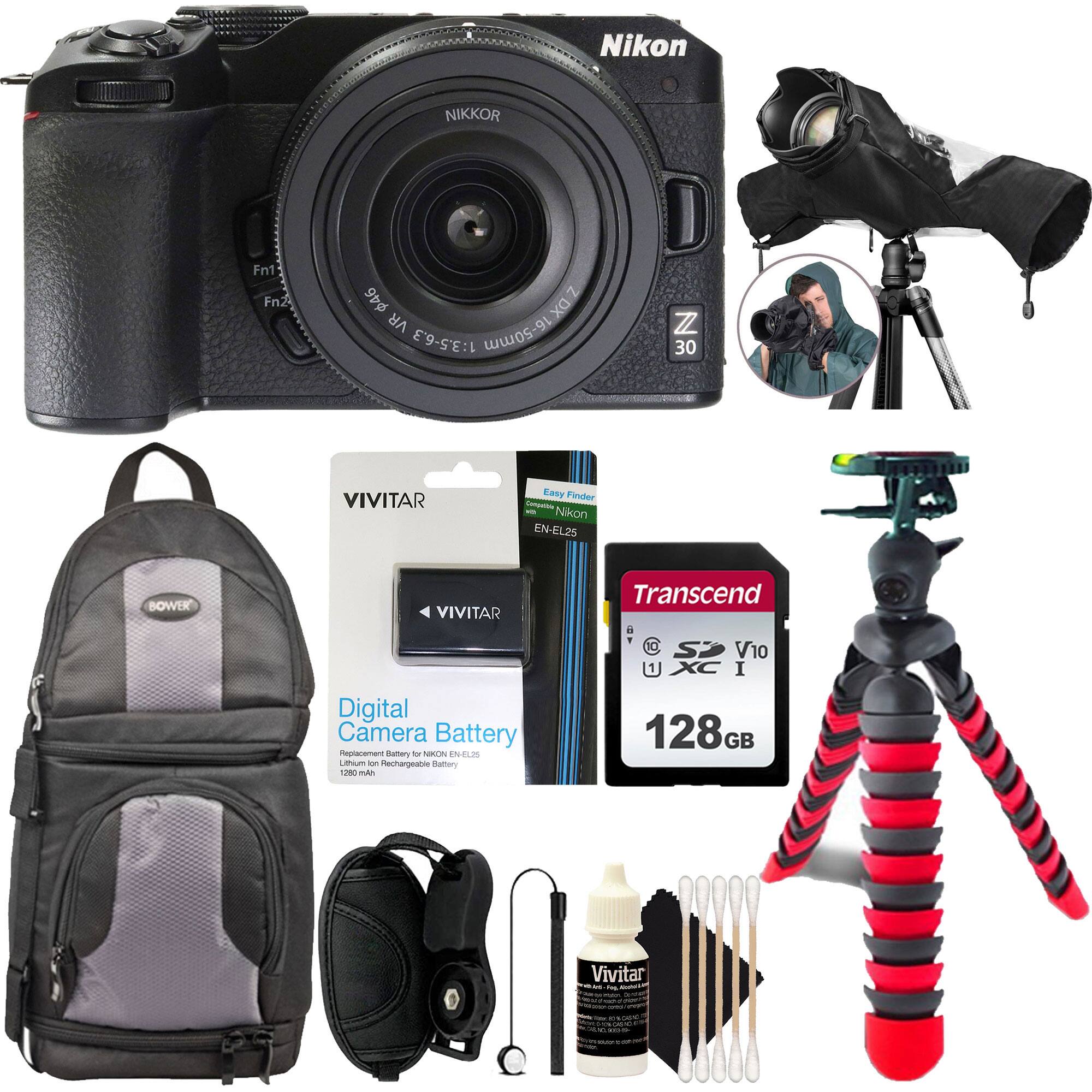Nikon Z30 with NIKKOR 16-50mm 1:3.5-6.3 DX VR Lens

VIVITAR Easy Finder

BOWER Camera Bag

VIVITAR Digital Camera Battery (Lithium Ion Rechargeable Battery, 1200mAh)

Transcend 128GB SDXC UHS-I V10 Memory Card

VIVITAR Camera Cleaning Kit

VIVITAR Tripod

VIVITAR Camera Flash

Nikon EN-EL25 Battery