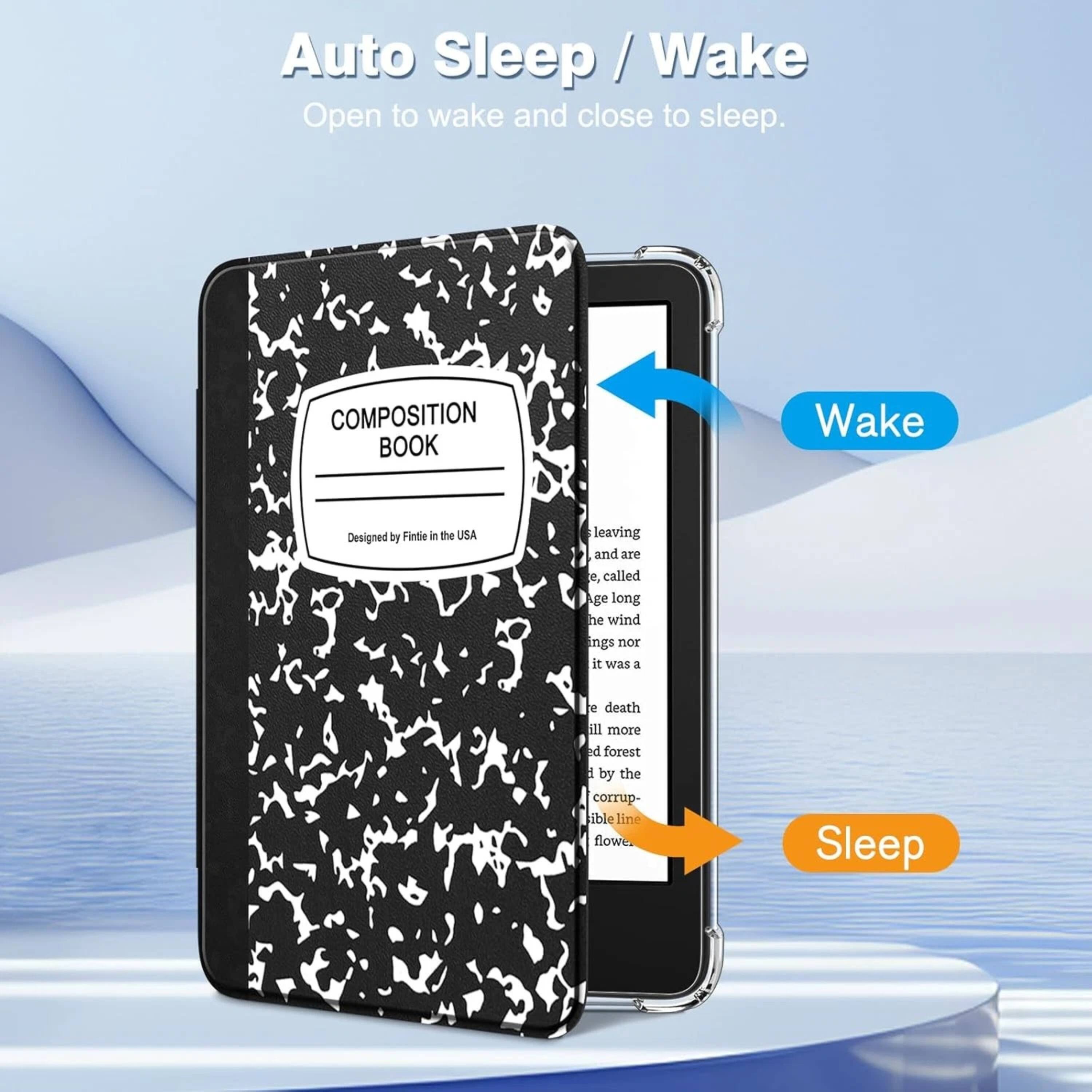 Auto Sleep / Wake  
Open to wake and close to sleep.

COMPOSITION BOOK  
Designed by Fintie in the USA

Wake  
Sleep