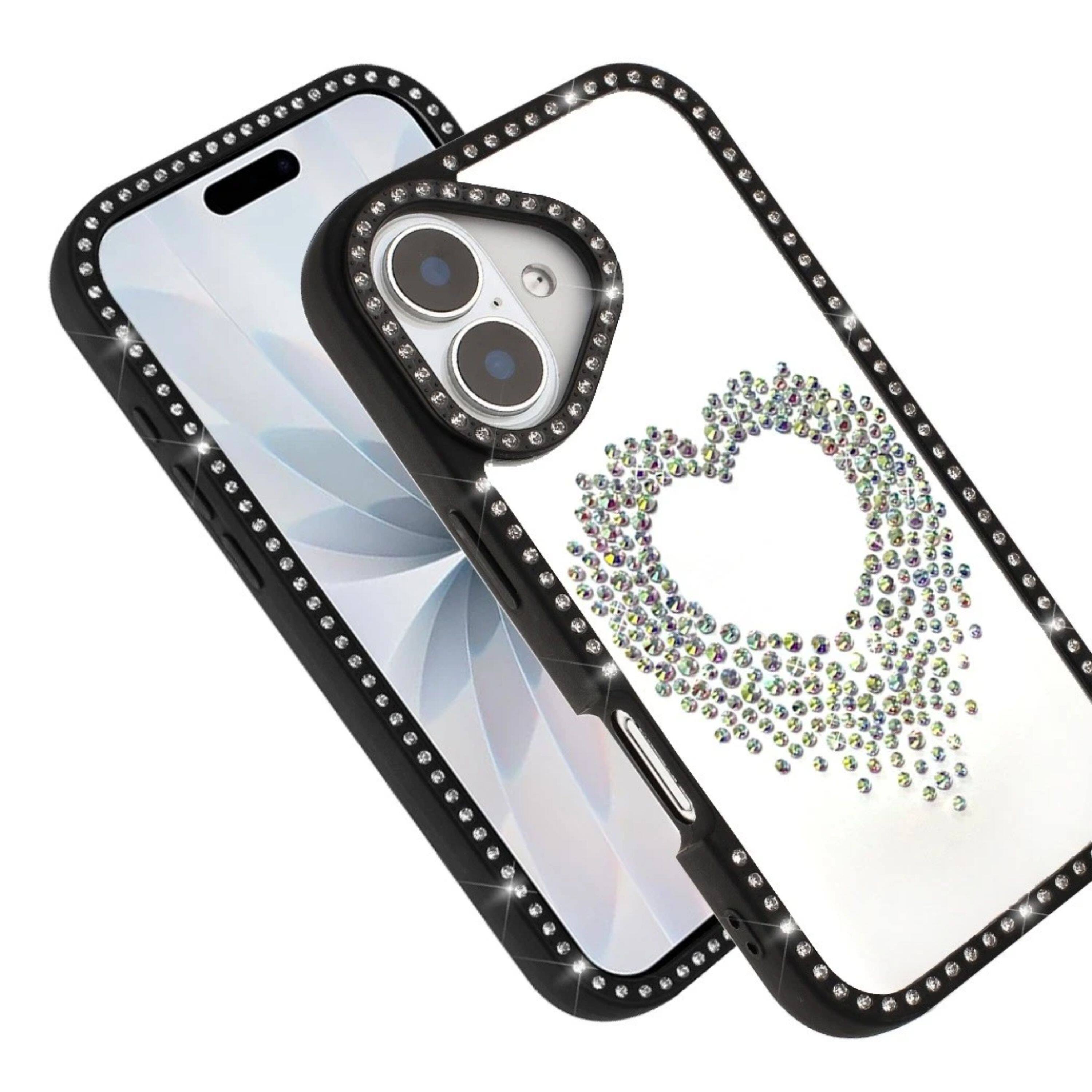 Angle. Kitcheniva - Heart Shaped Crystals Phone Case With Tempered Glass For iPhone 17 - Black.