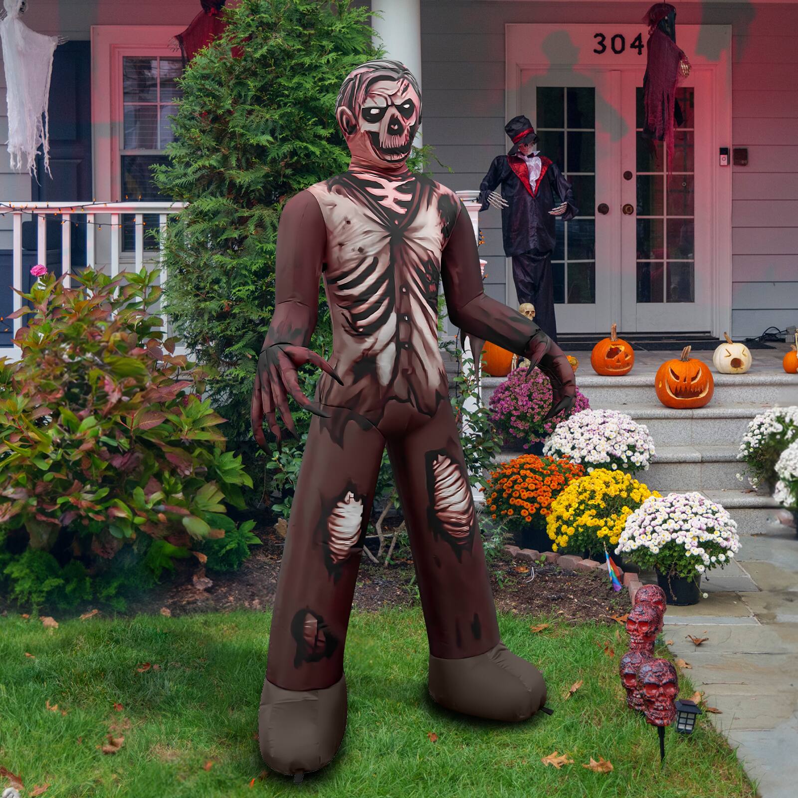 Back. GOOSH Inflatables - GOOSH 6FT Inflatable Zombie Skeleton – Light-Up Halloween Yard Decoration - Brown.