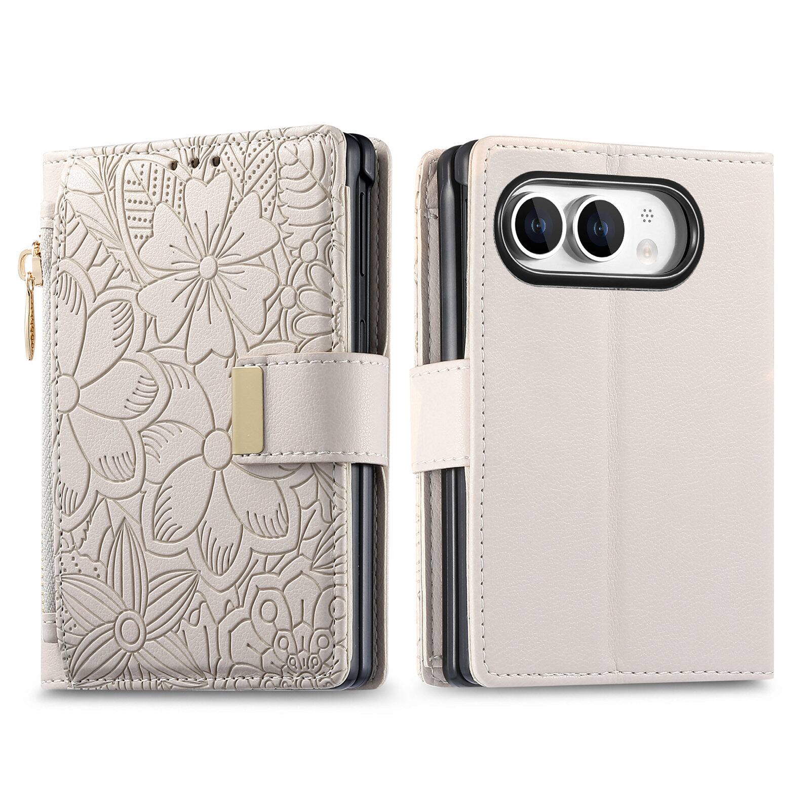 Angle. UUCOVER - Zipper Wallet Flower Embossed Case for Apple iPhone Duo,Shockproof Leather+PC Magnetic Case Card Slots Kickstand Cover - Beige.