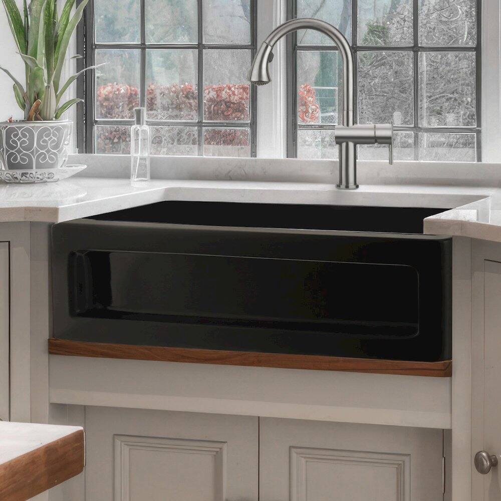 Angle. Whitehaus - Shakerhaus 33" Reversible Kitchen Fireclay Sink - Black.