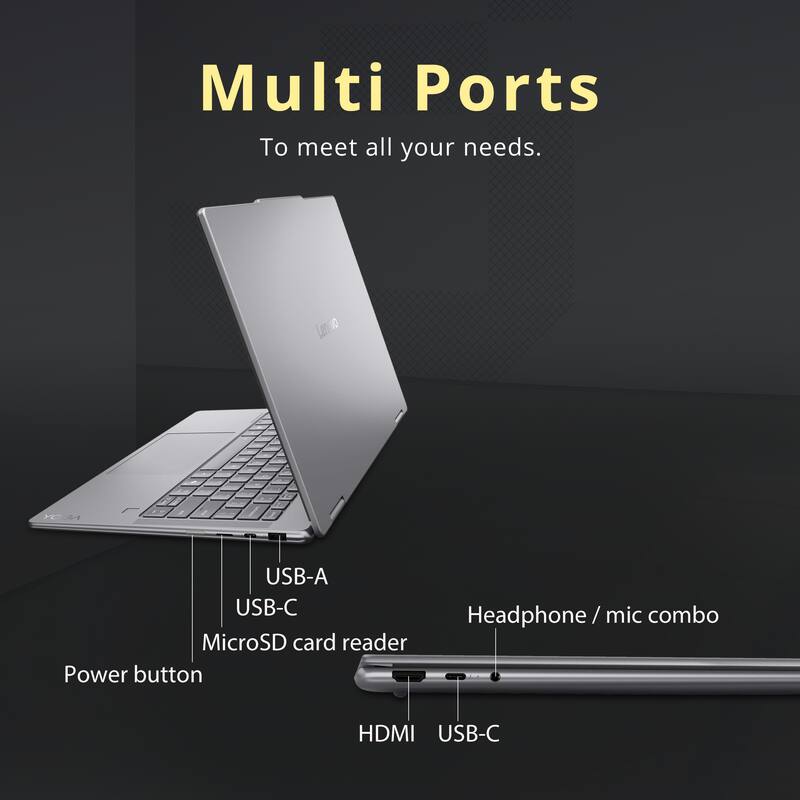 Multi Ports  
To meet all your needs.  

USB-A  
USB-C combo  
Headphone/mic  
MicroSD card reader  
Power button  
HDMI  
USB-C