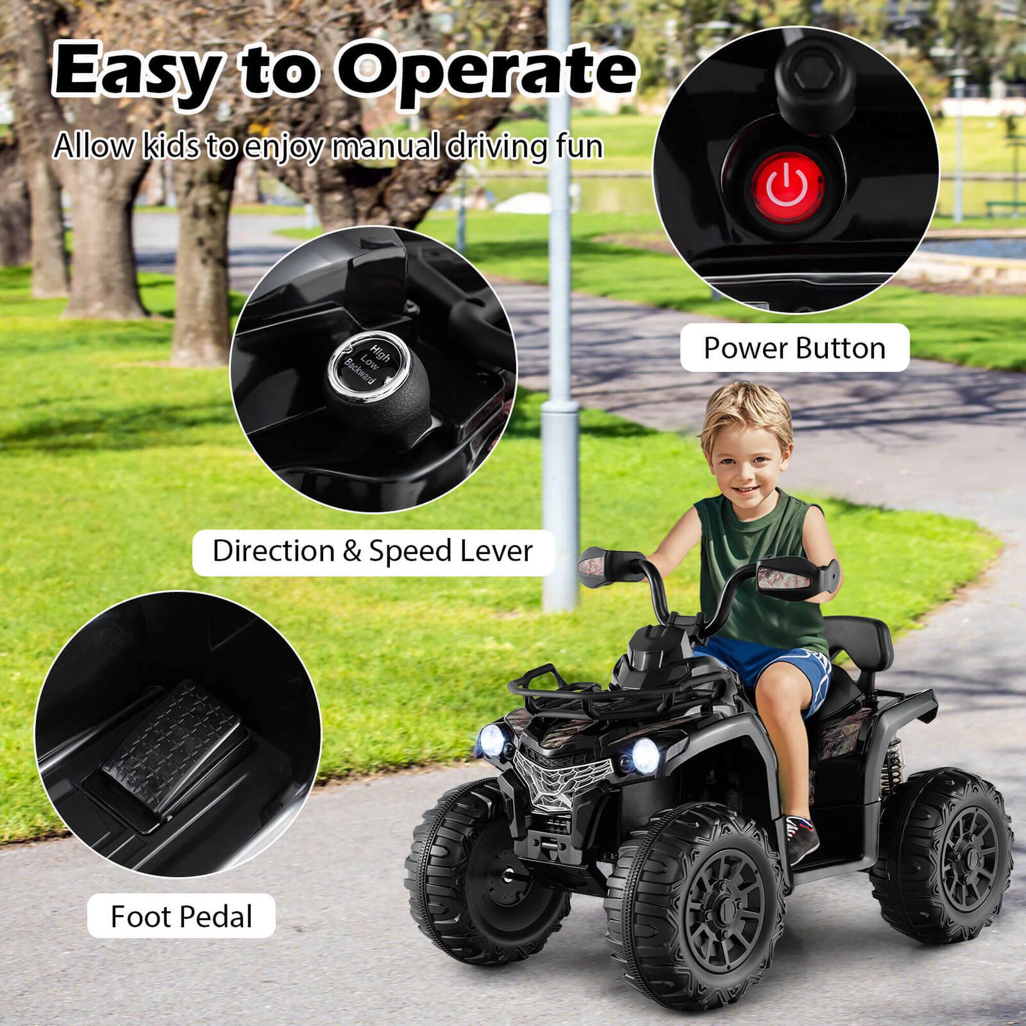 Easy to Operate  
Allow kids to enjoy manual driving fun  

- Power Button  
- Direction & Speed Lever  
- Foot Pedal