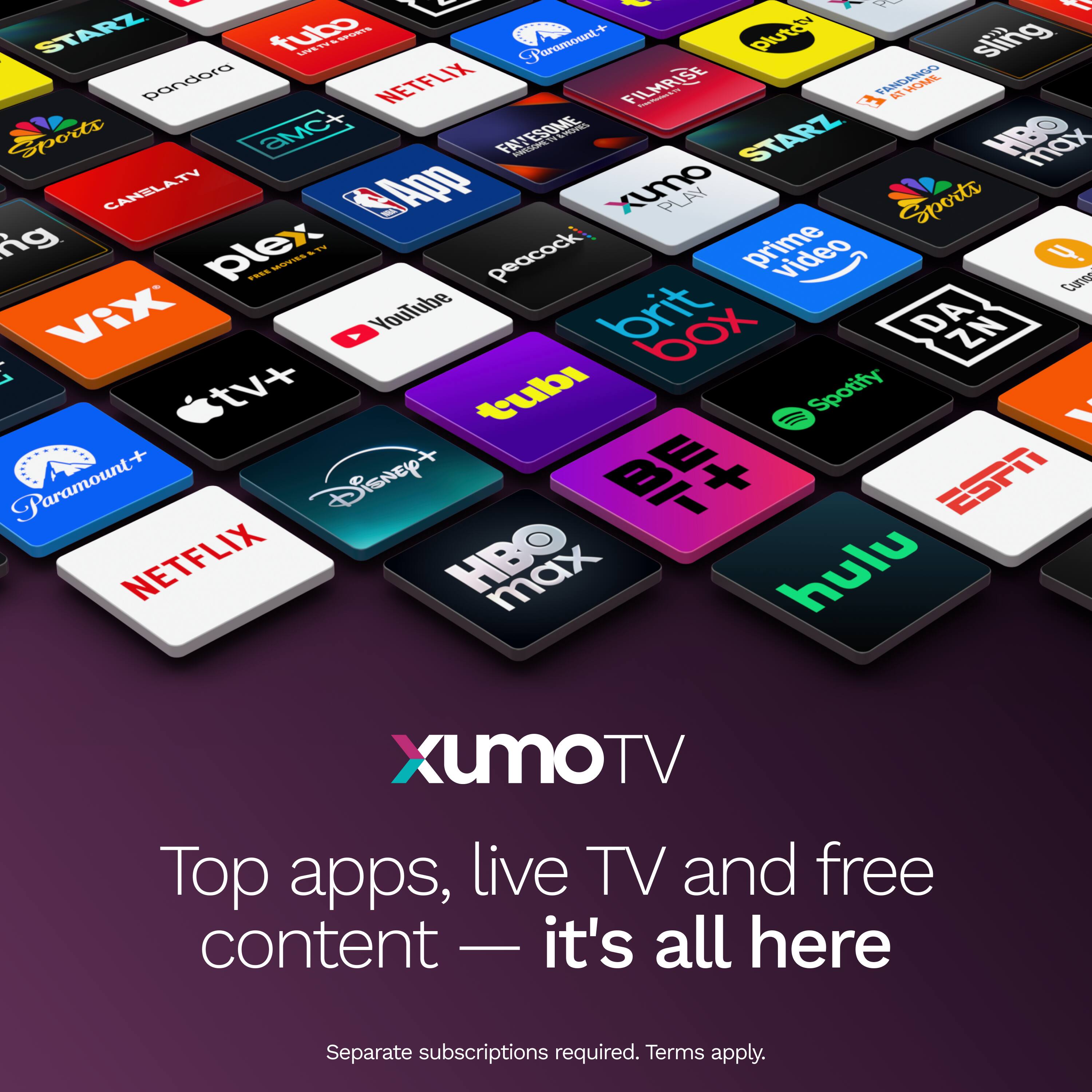 I 1 1 STARZ fubo CET nOS Paramout+ Pluto sling e/ pandore NETFLIX FILMRISE ATROML Sports aMc+ FA addiaas ESOME Lo STARZ HBO saas max CANELATY ADD Xumo PLA Sports g plex MO&T peacock prime y RSS Ca Vix YouTube brit box DA ZN ..A tv+ tubi (I Spotify Paramount+ Disney+ + ESPN NETFLIX max hulu XUMOTV Top apps, live TV and free content — it's all here Separate subscriptions required. Terms apply.