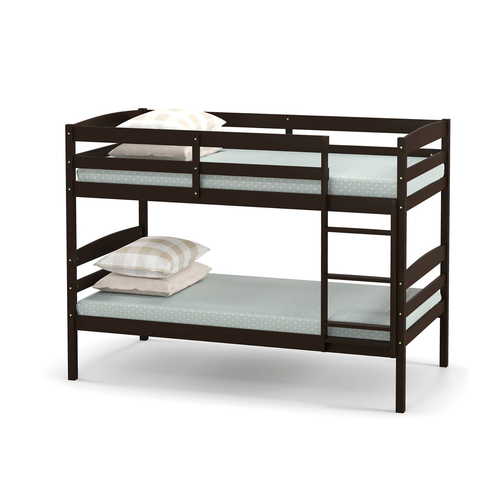 Front. Ecooso - Solid Wood Twin Bunk Bed Frame with Safety Guardrails and Built-in Ladder - Brown.