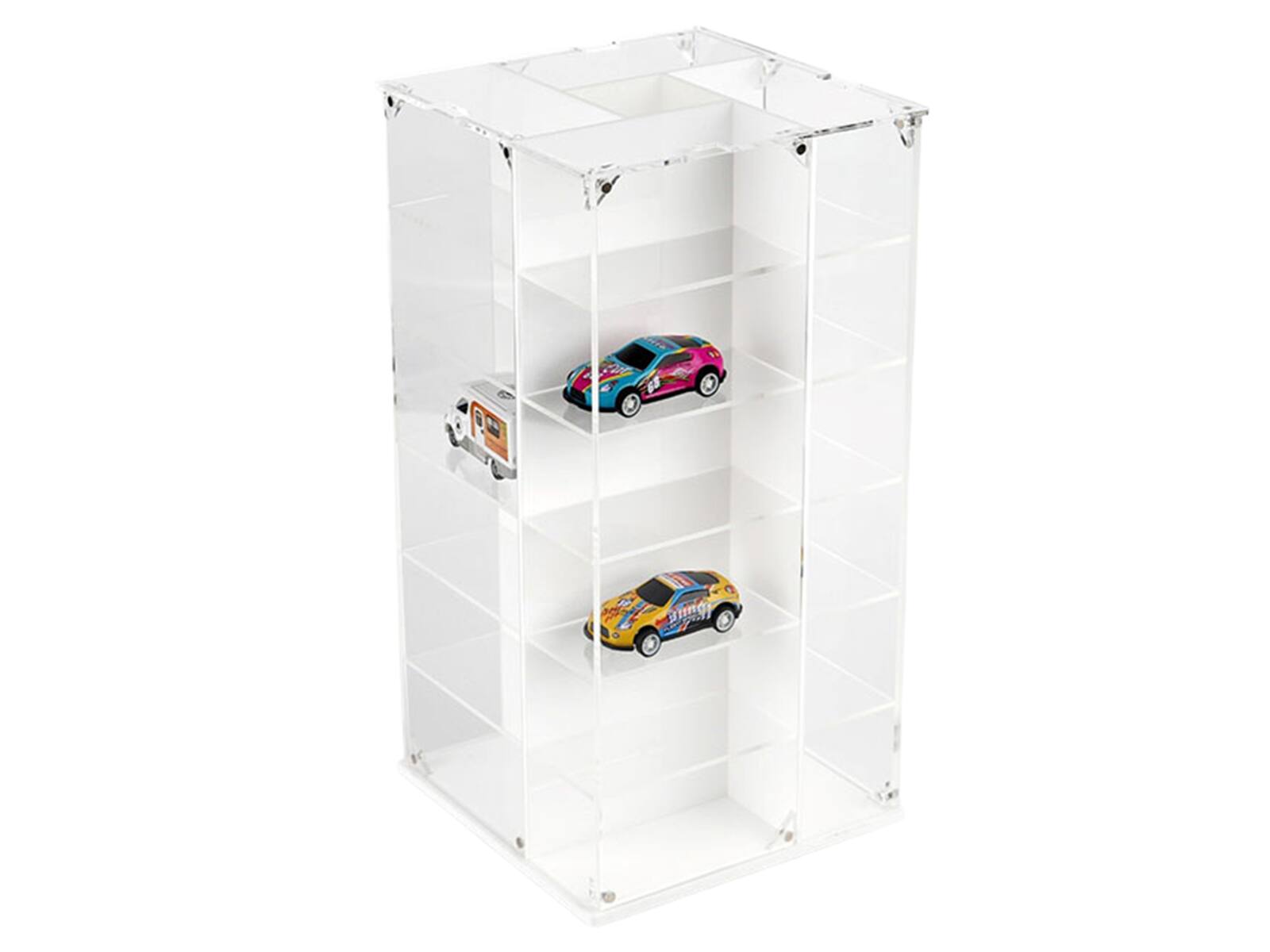 Alt View 3. Mijo Exclusives - Acrylitower Showcase 24 Car Display Desktop Spinner with Cover White "Mijo Exclusives" for 1/64 Scale Models.