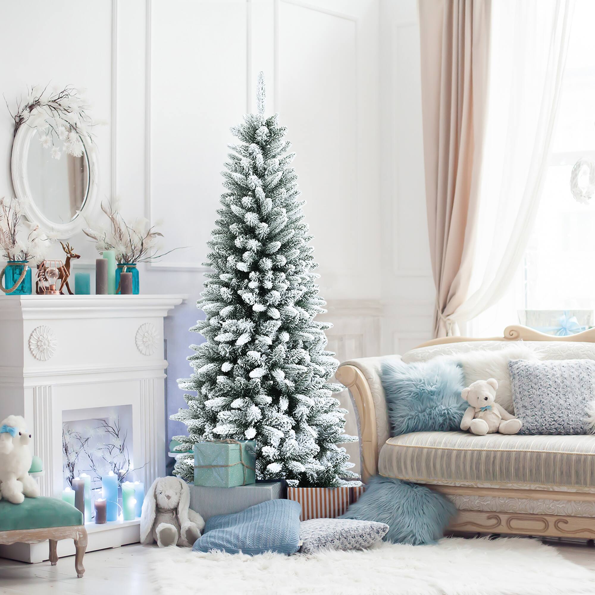 Alt View 2. Gymax - Gymax 6.5 FT Artificial Slim Christmas Tree Unlit Snow-Flocked Xmas Pencil Tree - White.