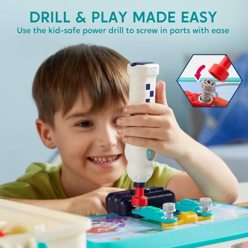 DRILL & PLAY MADE EASY  
Use the kid-safe power drill to screw in parts with ease