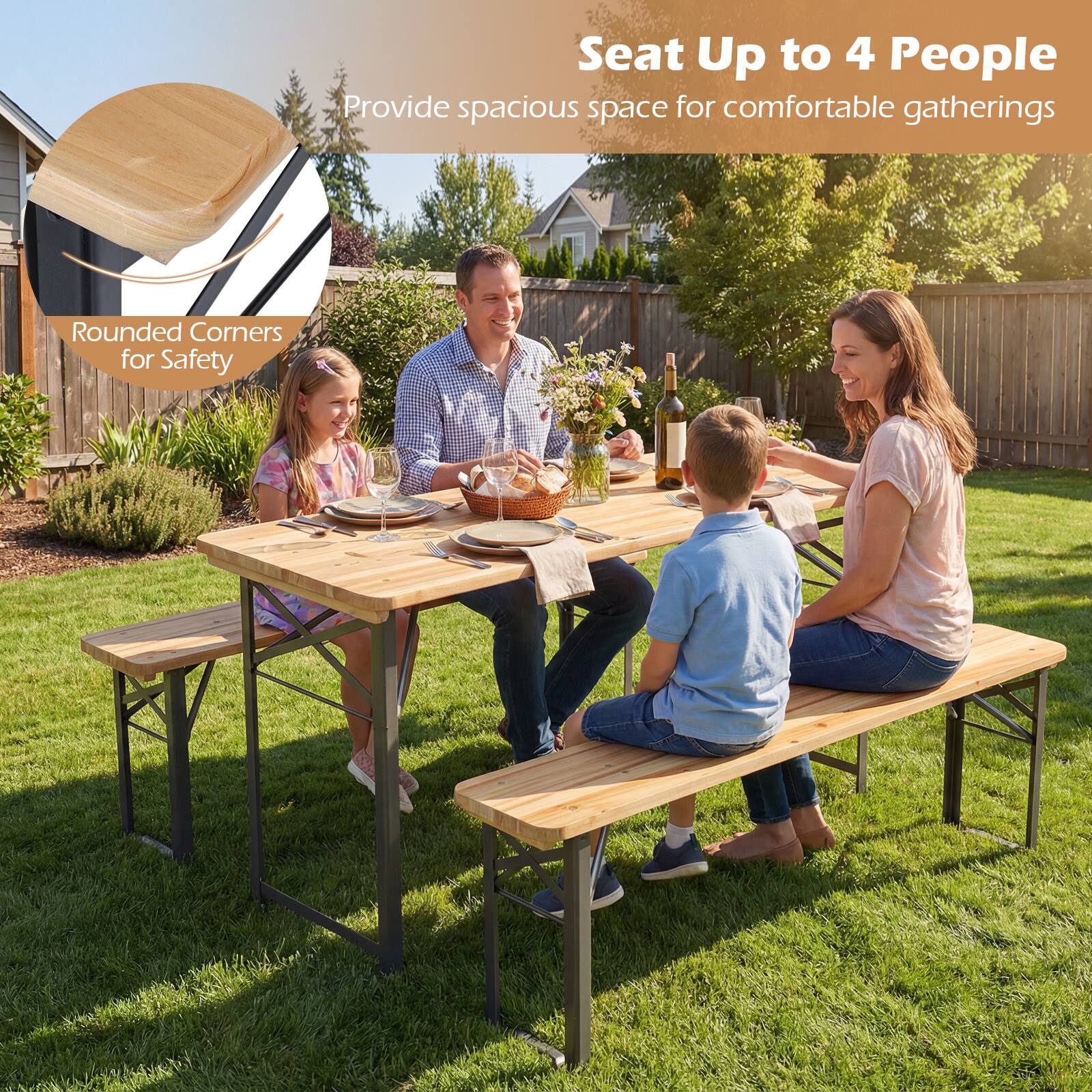 Seat Up to 4 People  
Provide spacious space for comfortable gatherings  
Rounded Corners for Safety