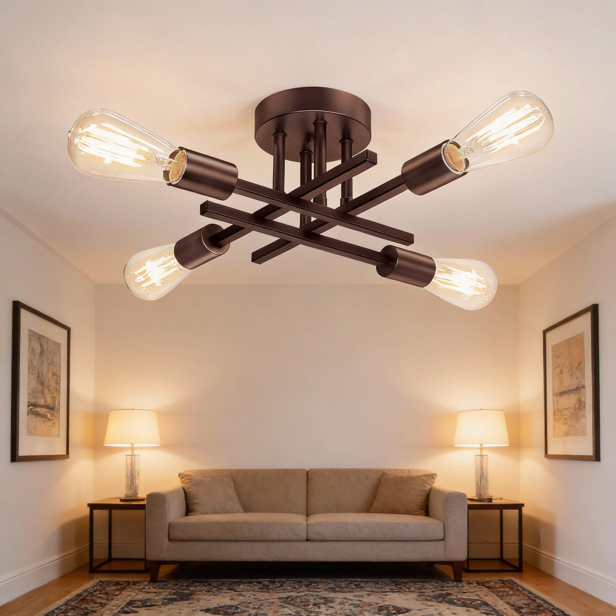 Angle. Nordic Hygge - Semi Flush Mount Ceiling Light Fixture with E26 Sockets in Oil Rubbed Bronze.
