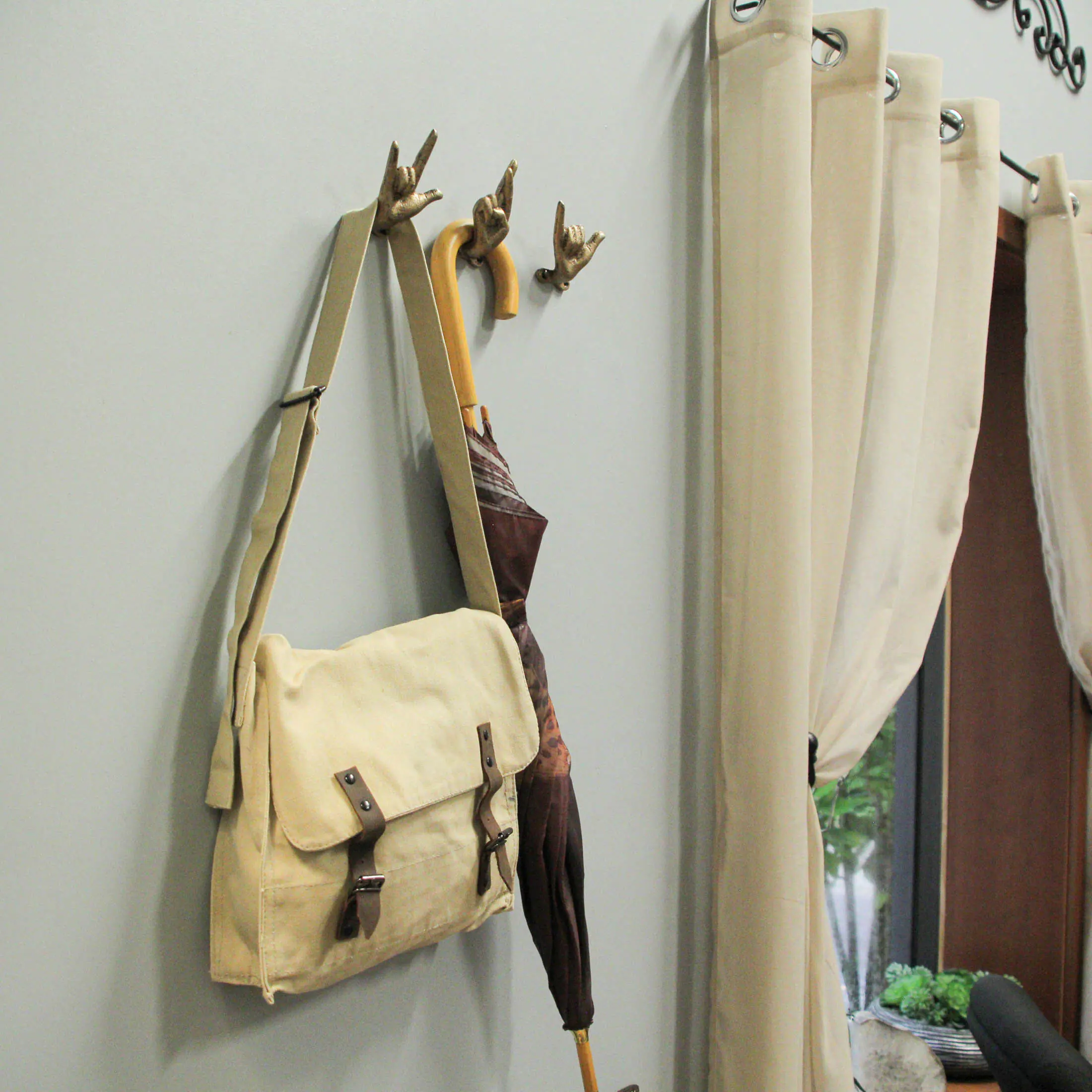 Alt View 3. Zeckos - Set of 6 Cast Iron Hand Gesture Hooks Gold Finish - Key, Towel, Jewelry Hangers - Gold.