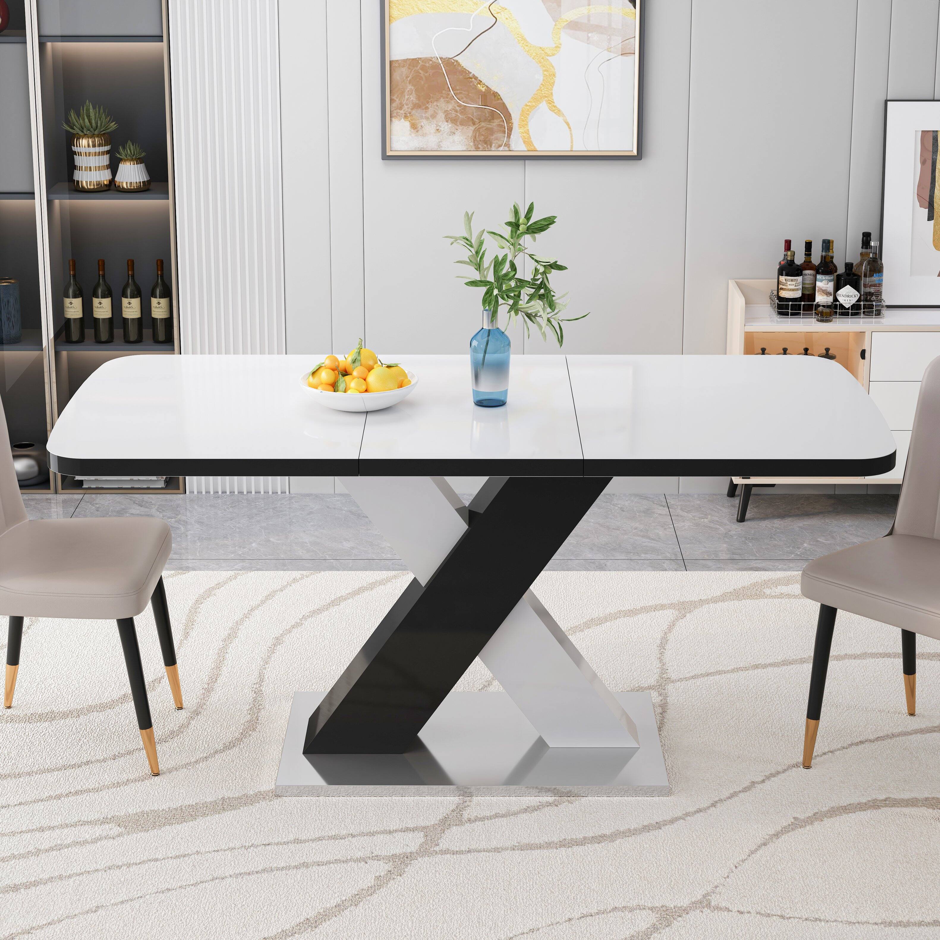 Angle. Tiramisubest - Modern Square Dining Table, Stretchable, White Table Top + MDF X-Shape Black and White Color Table Leg with Metal Base - White+Black.