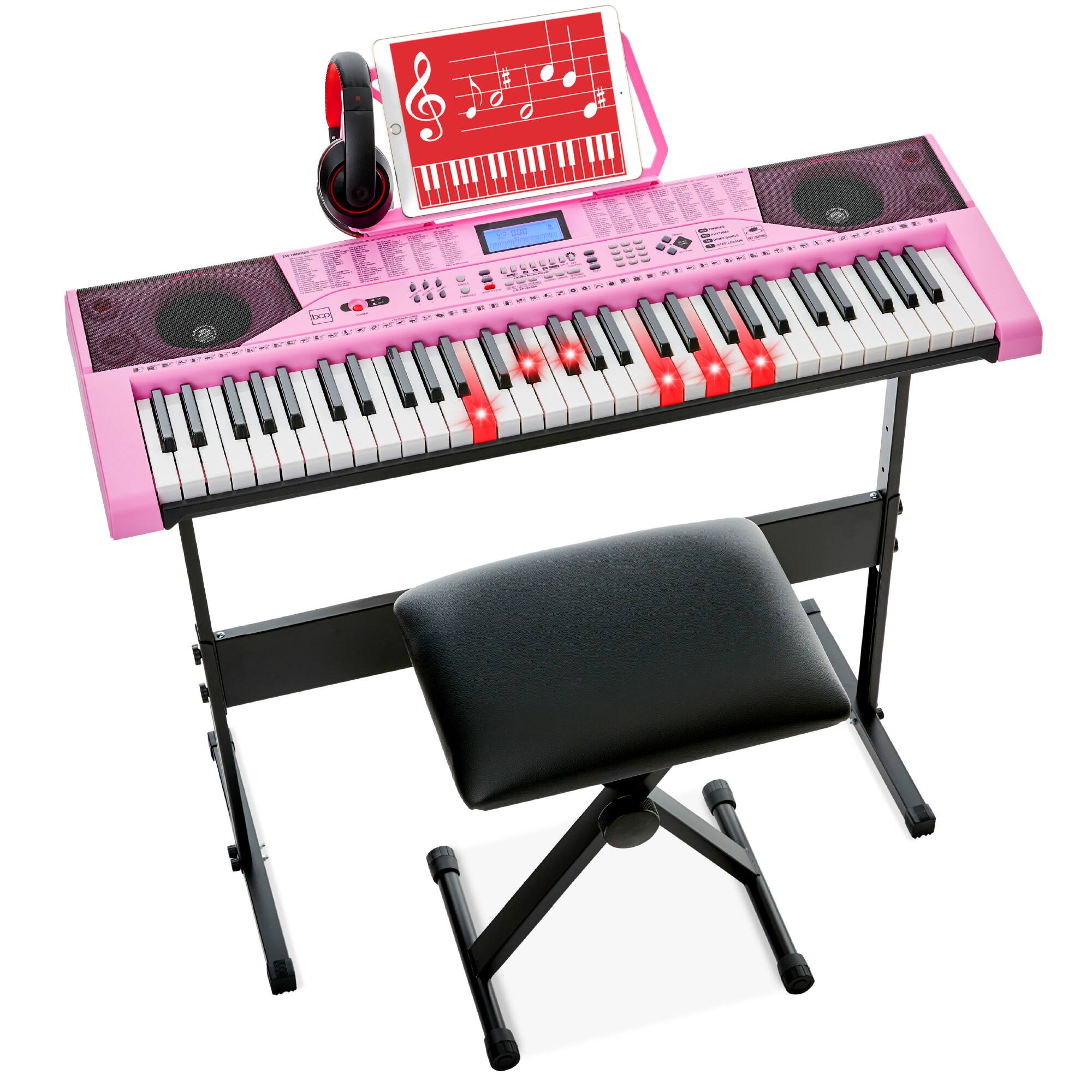 Best Choice Products - 61-Key Beginners Complete Electronic Keyboard Piano Set w/ LCD Screen, Lighted Keys - Pink
