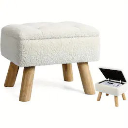 Oumilen - Tufted Teddy Fleece Storage Ottoman – 4 Natural Wood Legs Multifunctional Bench for Entryway Bedroom - Beige