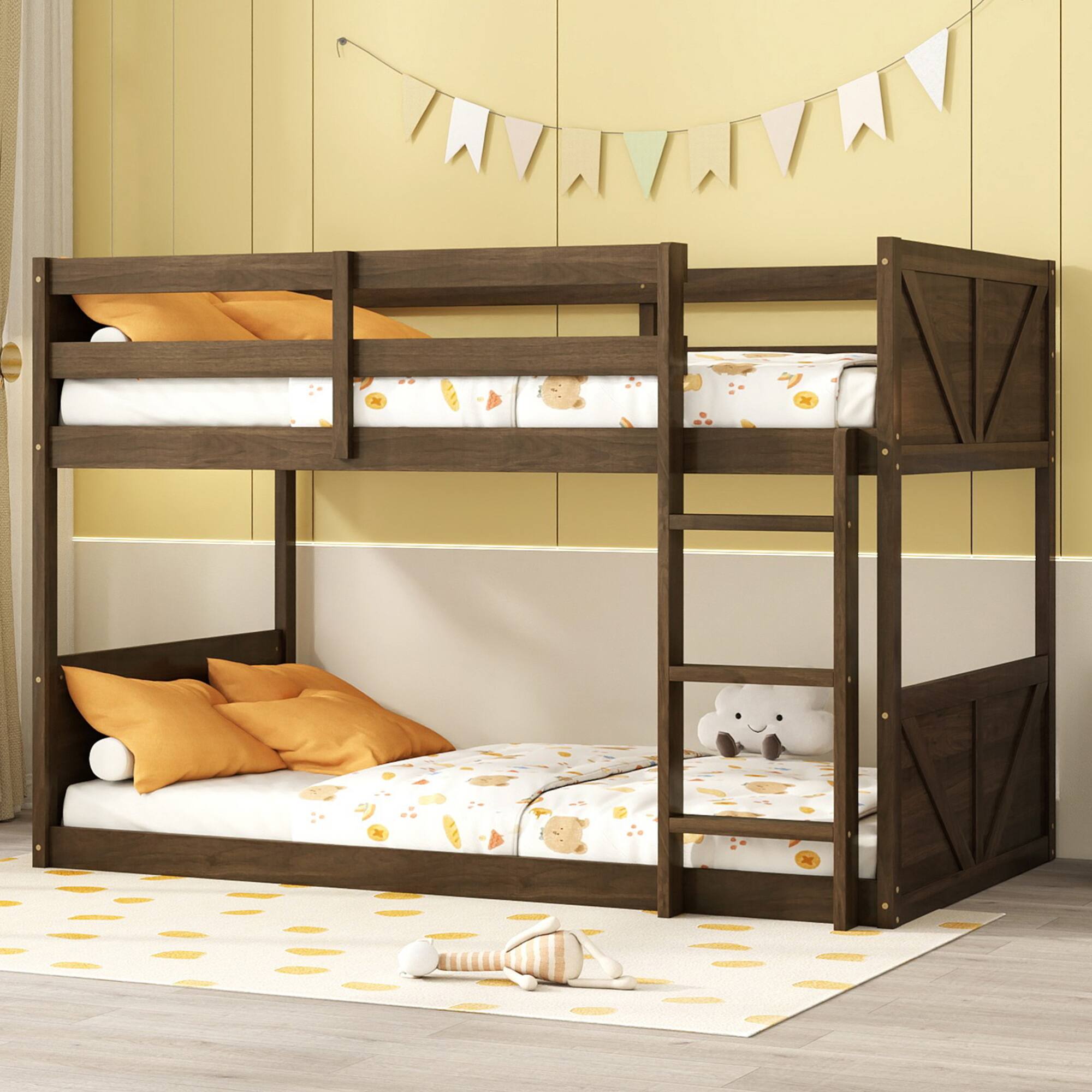 Alt View 5. GOODSILO - Solid Wood Twin Over Twin Floor Bunk Bed with Panelled Headboard and Footboard, Built-in Ladder and Safety Guardrails - Antique Dark Oak.