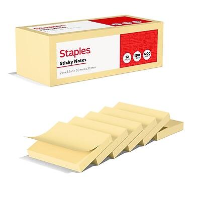 Staples - Recycled Sticky Notes, 2" x 1 1/2", Sunshine Collection, 100 Sheets/Pad, 12 Pads/Pack (S152YR/1252554) - Yellow