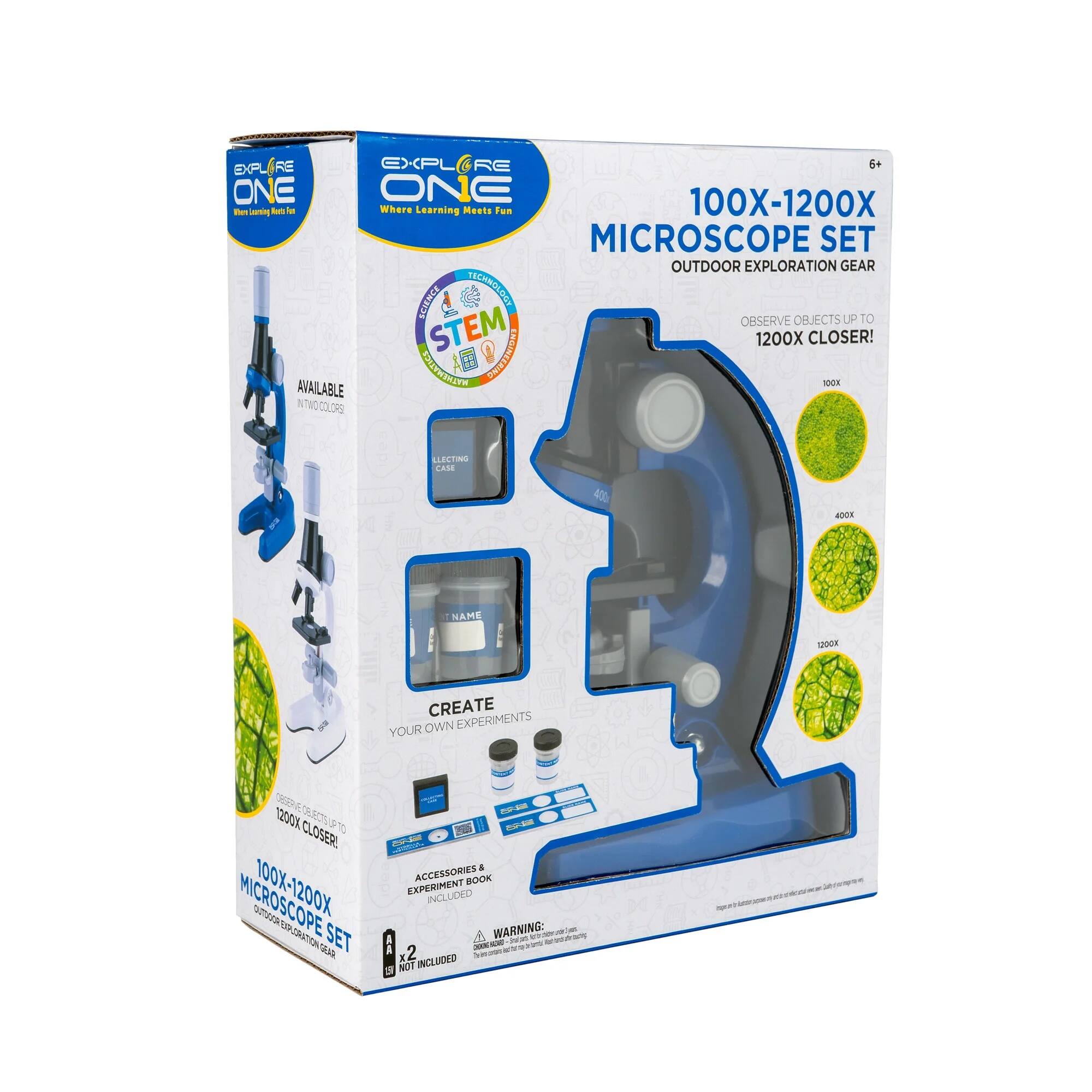 EXPLORE ONE  
Where Learning Meets Fun  

100X-1200X MICROSCOPE SET  
OUTDOOR EXPLORATION GEAR  

OBSERVE OBJECTS UP TO 1200X CLOSER!  

AVAILABLE IN TWO COLORS  

CREATE YOUR OWN EXPERIMENTS  

ACCESSORIES & EXPERIMENT BOOK INCLUDED  

STEM APPROVED  

WARNING: CHOKING HAZARD - Small parts. Not for children under 3 years.