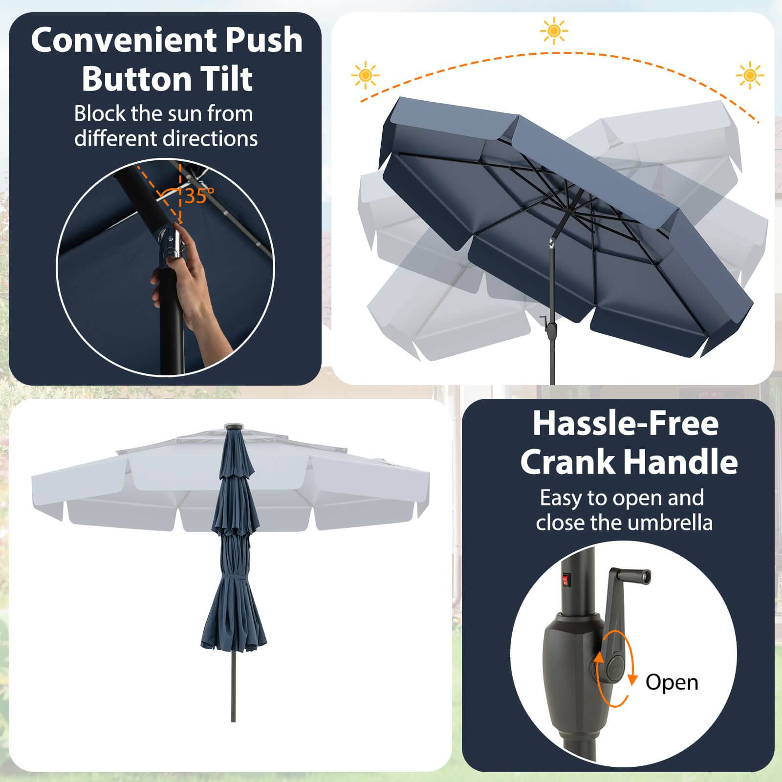 Convenient Push Button Tilt: Block the sun from different directions

Hassle-Free Crank Handle: Easy to open and close the umbrella